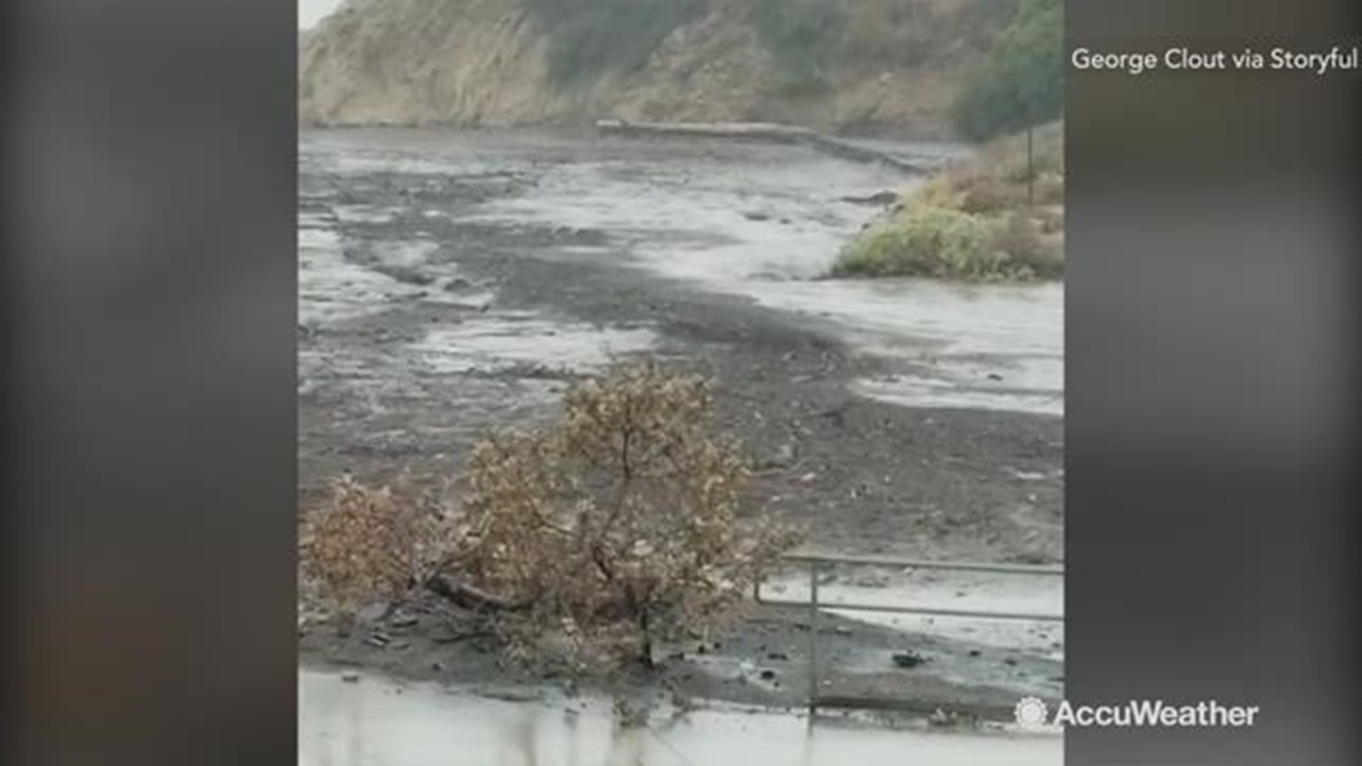 Mud and water poured down off the burn scar area near Malibu, California and ran into the ocean at Leo Carrillo State Park. The waves were turned black from the water running off the burn scar from the Woolsey fire. A section of the Pacific Coast Highway