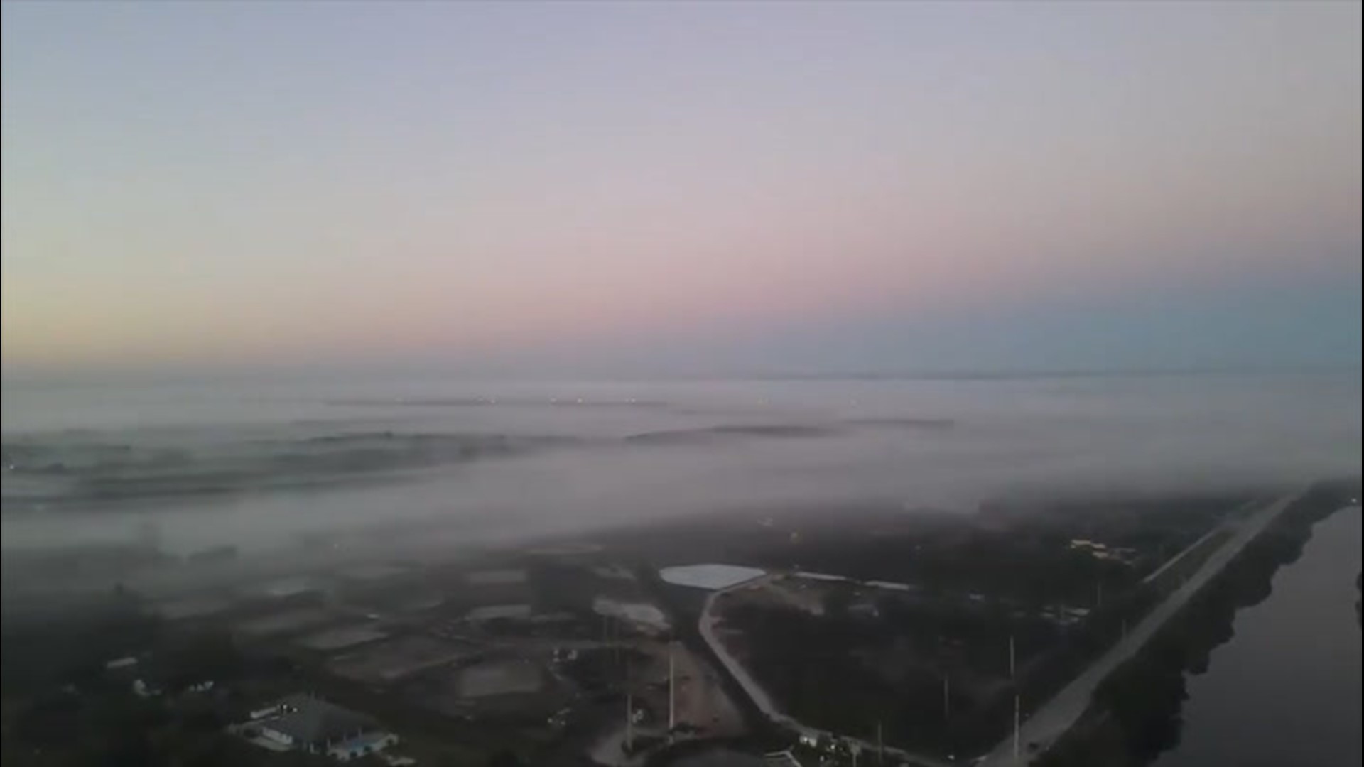 A bird's-eye view of Davie, Florida, on Jan. 23 showed fog nearly covering the city.