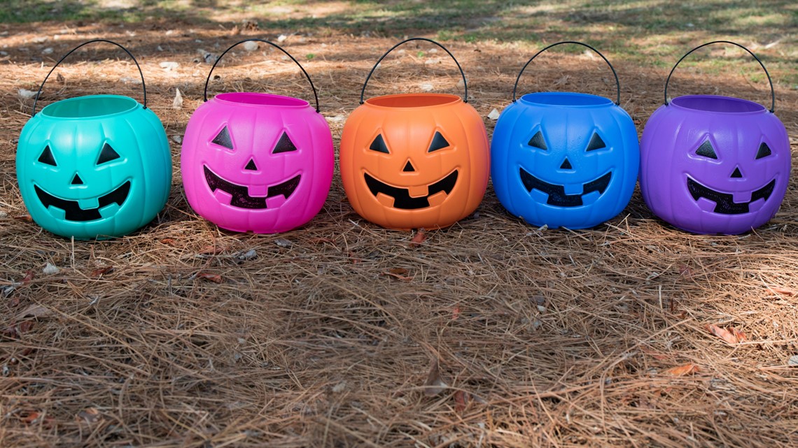 Different colored pumpkins on display for Halloween