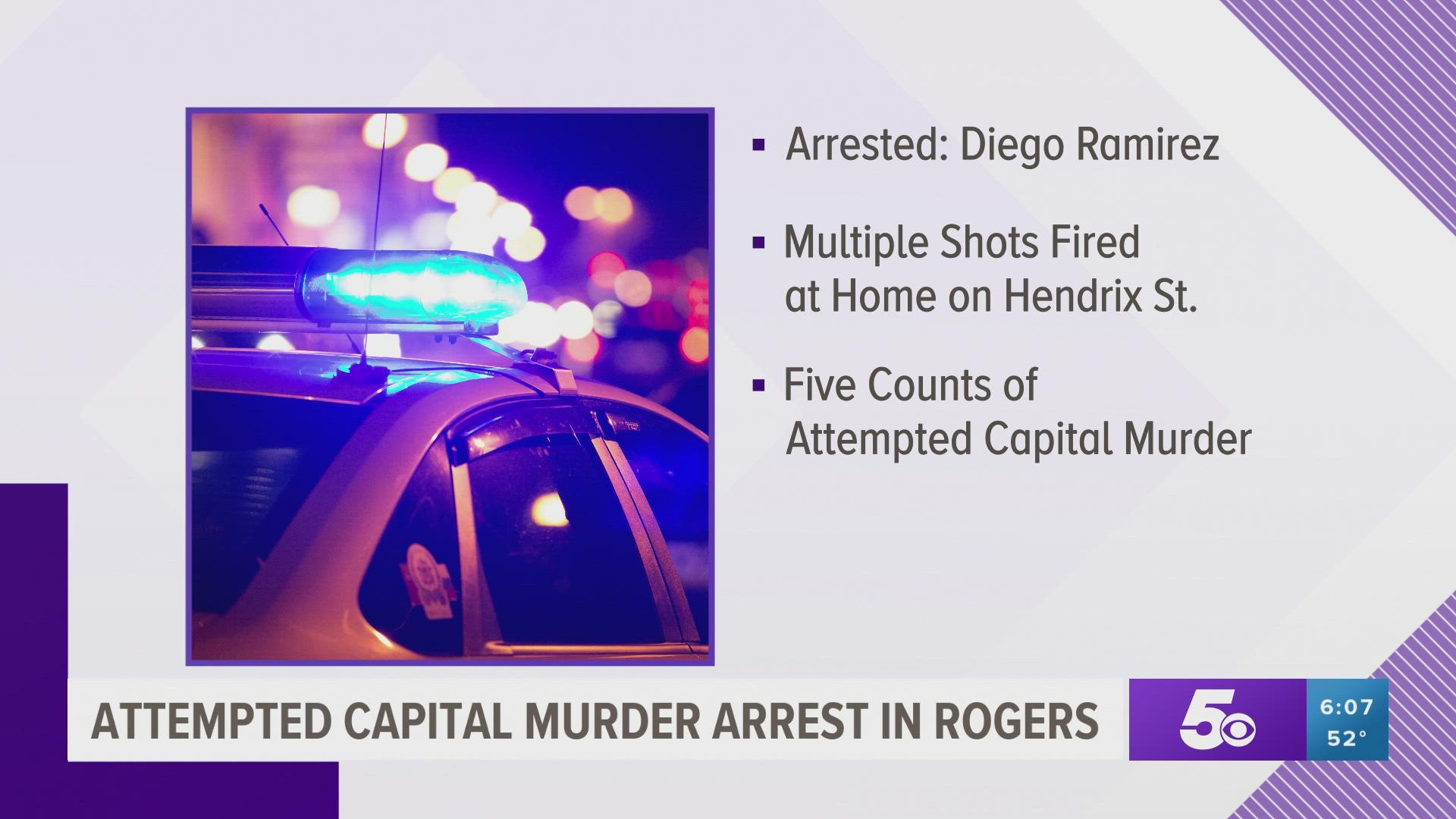Diego Ramirez is facing multiple charges, including five counts of attempted capital murder, in connection to a shooting in Rogers.