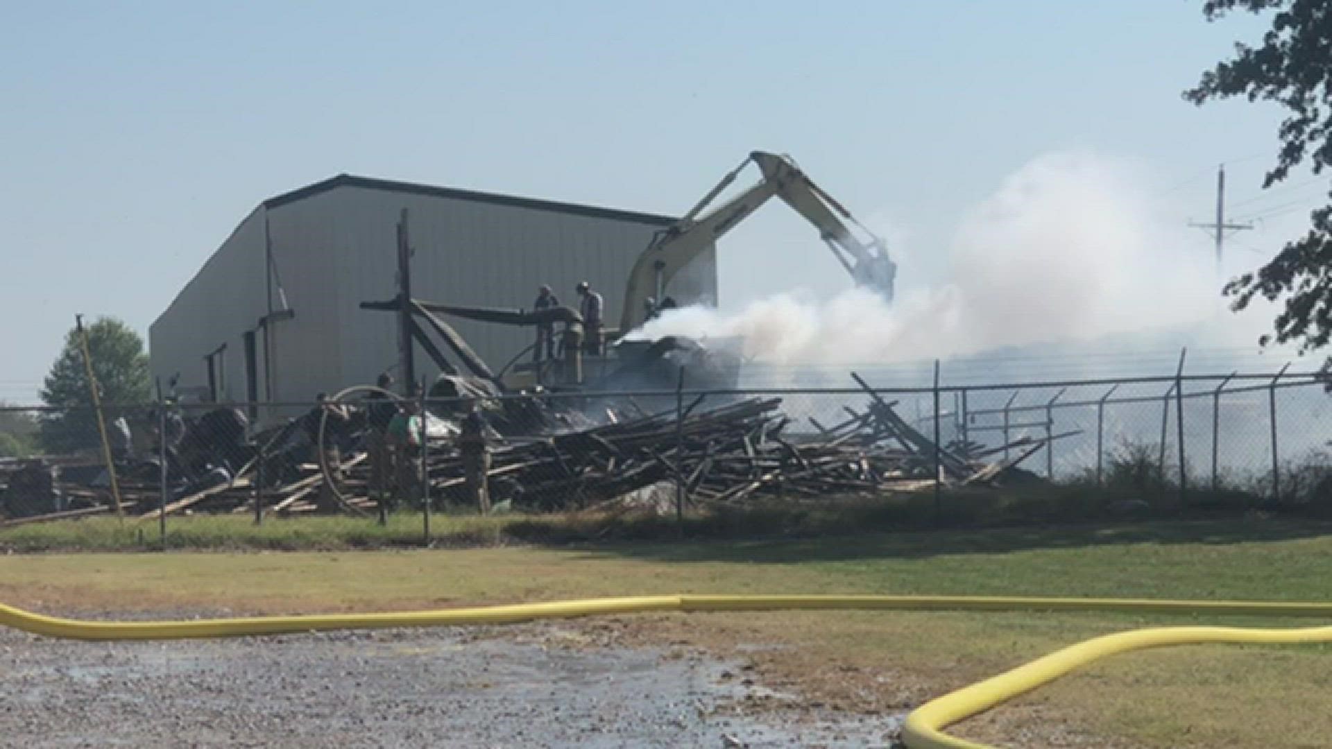Fire crews respond to Lacto Truss warehouse fire in Lincoln, Ark.