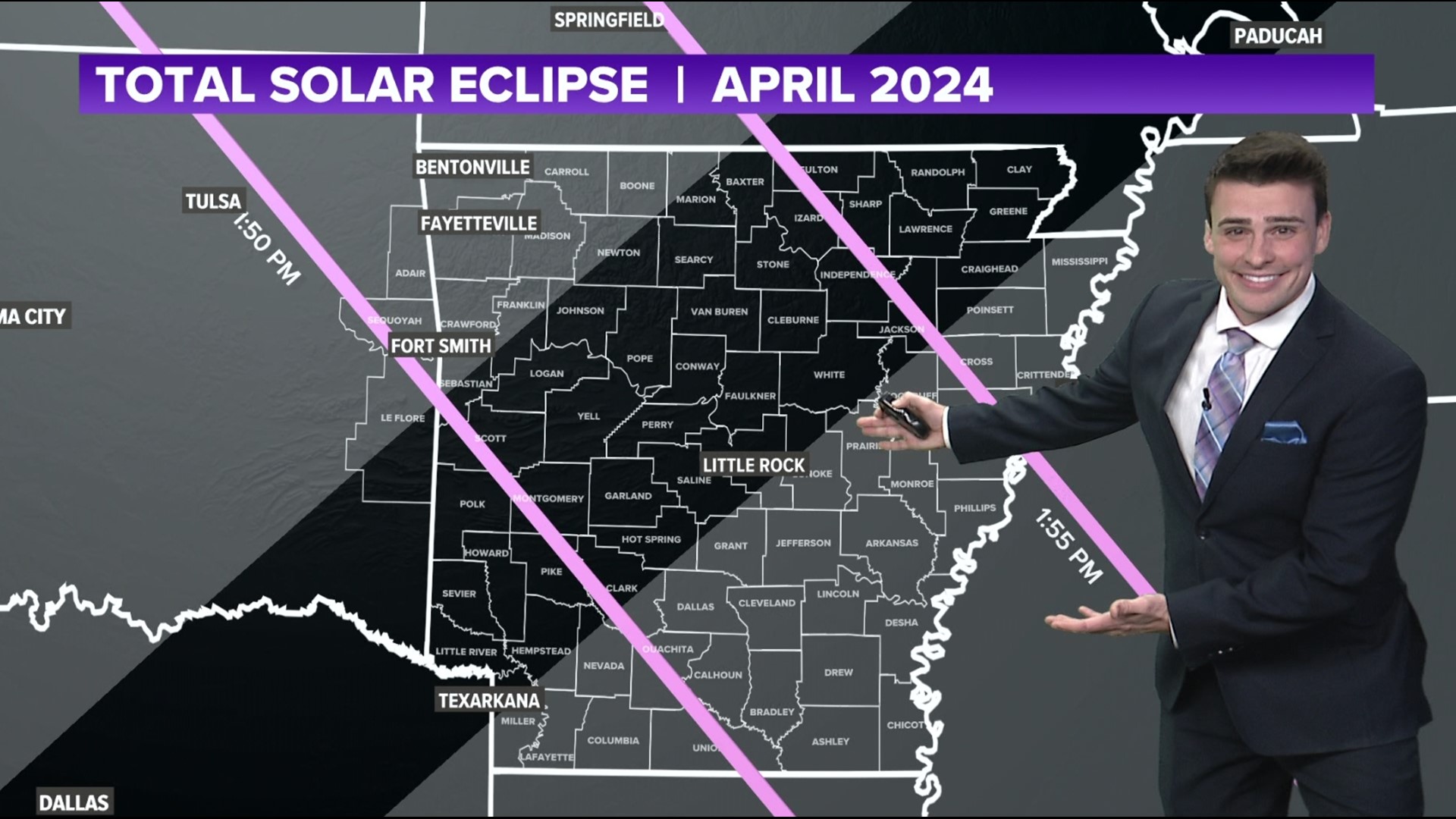 The path of totality will come right through Arkansas, starting in the southwestern sky and ending in the northeaster sky.