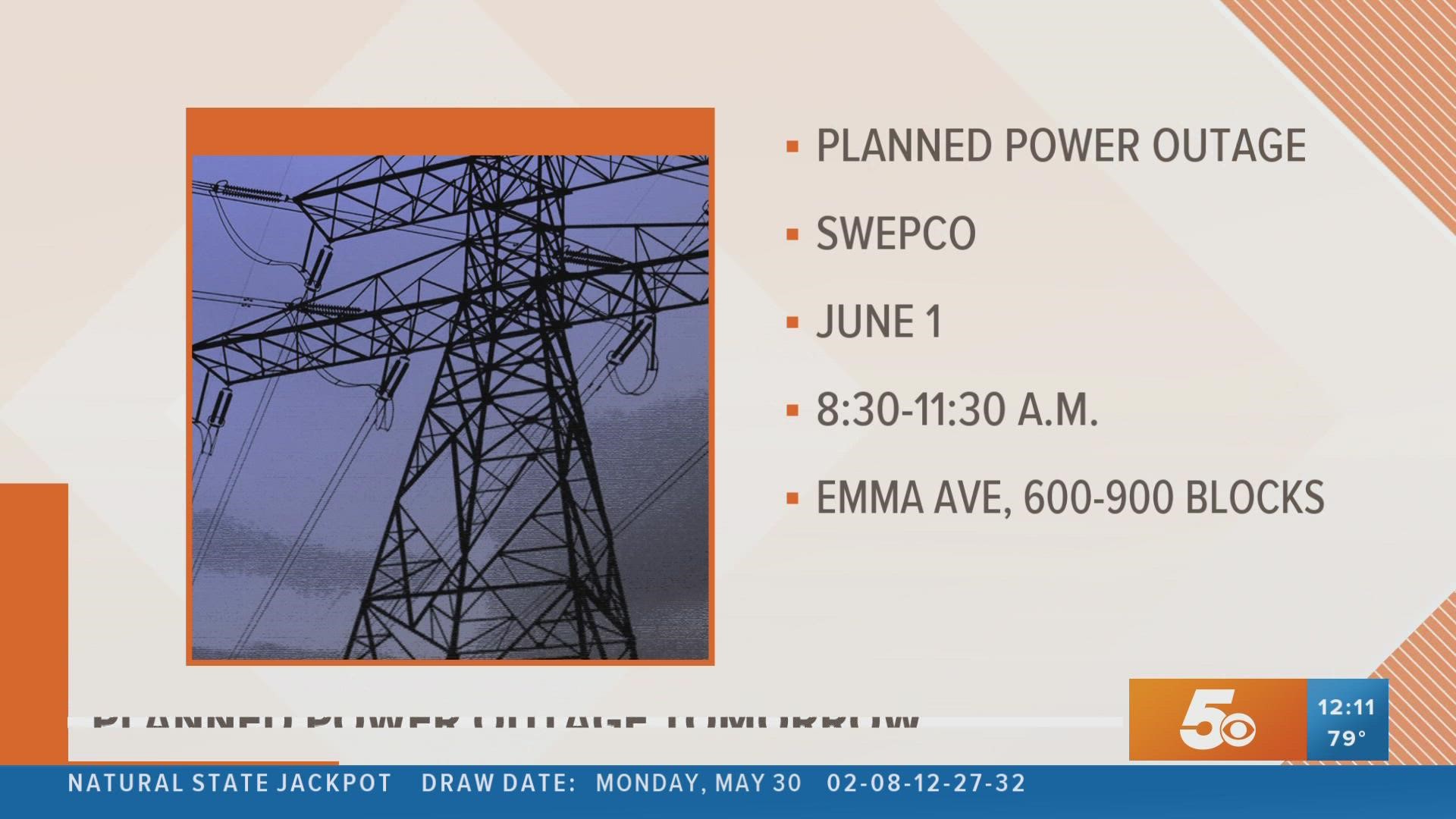 On Wednesday, June 1, SWEPCO has a three-hour power outage planned from 8:30 a.m. to 11:30 a.m for the Springdale service area.