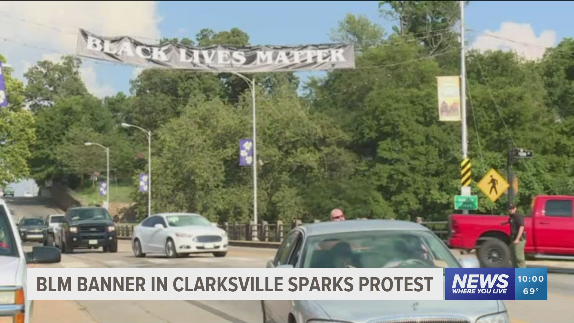 The banner was set in place ahead of a Black Lives Matter rally happening this September. https://bit.ly/2E6J7C4