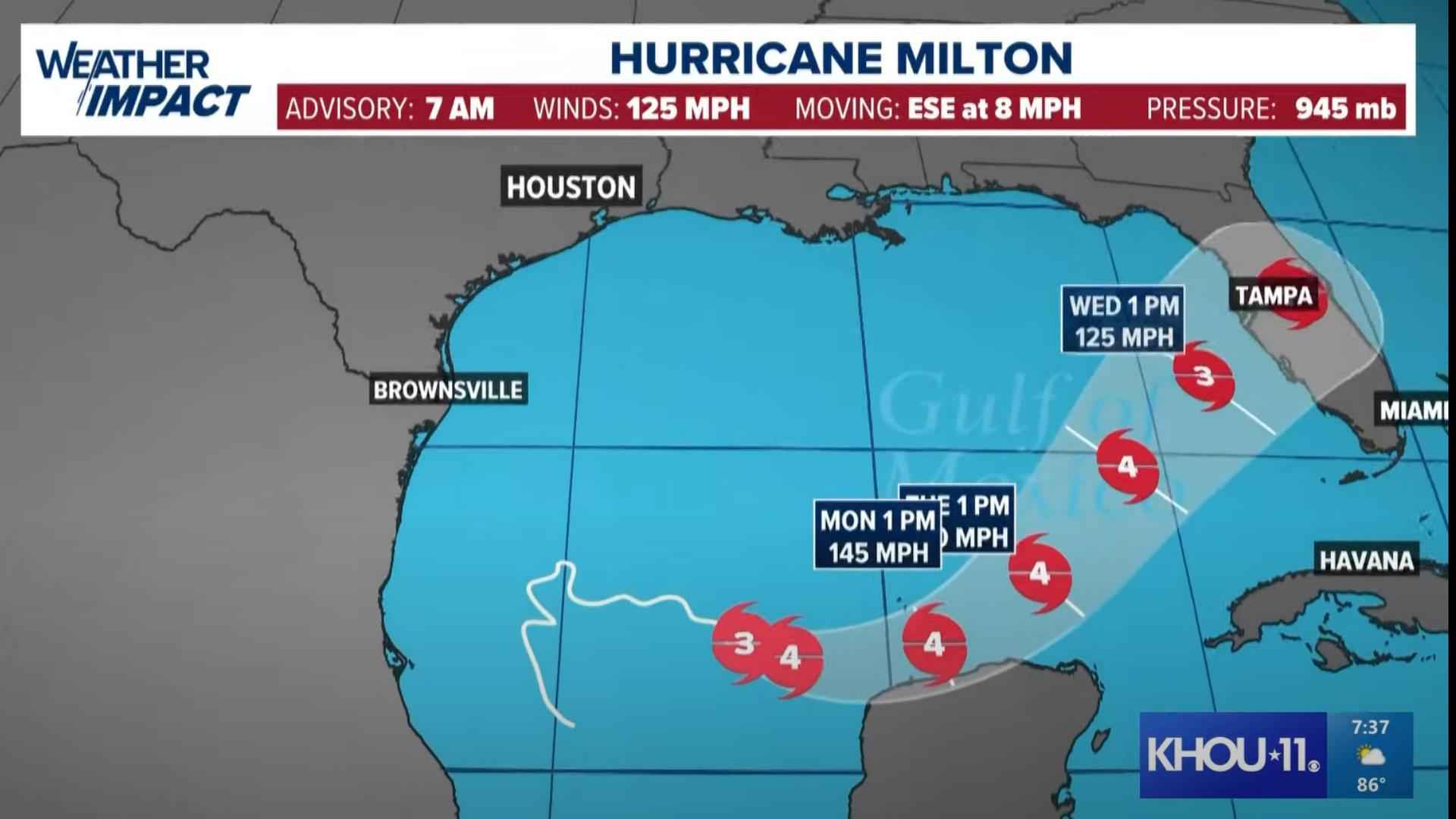 The latest forecast brings Milton to the west coast of Florida as a category 3 hurricane on Wednesday afternoon.