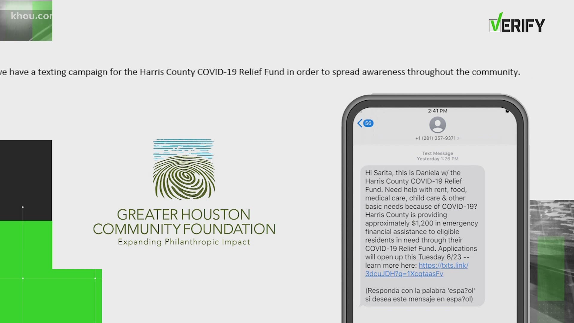 A viewer wanted to know if text messages being sent from Harris County about COVID-19 relief are legit. The short answer -- yes.