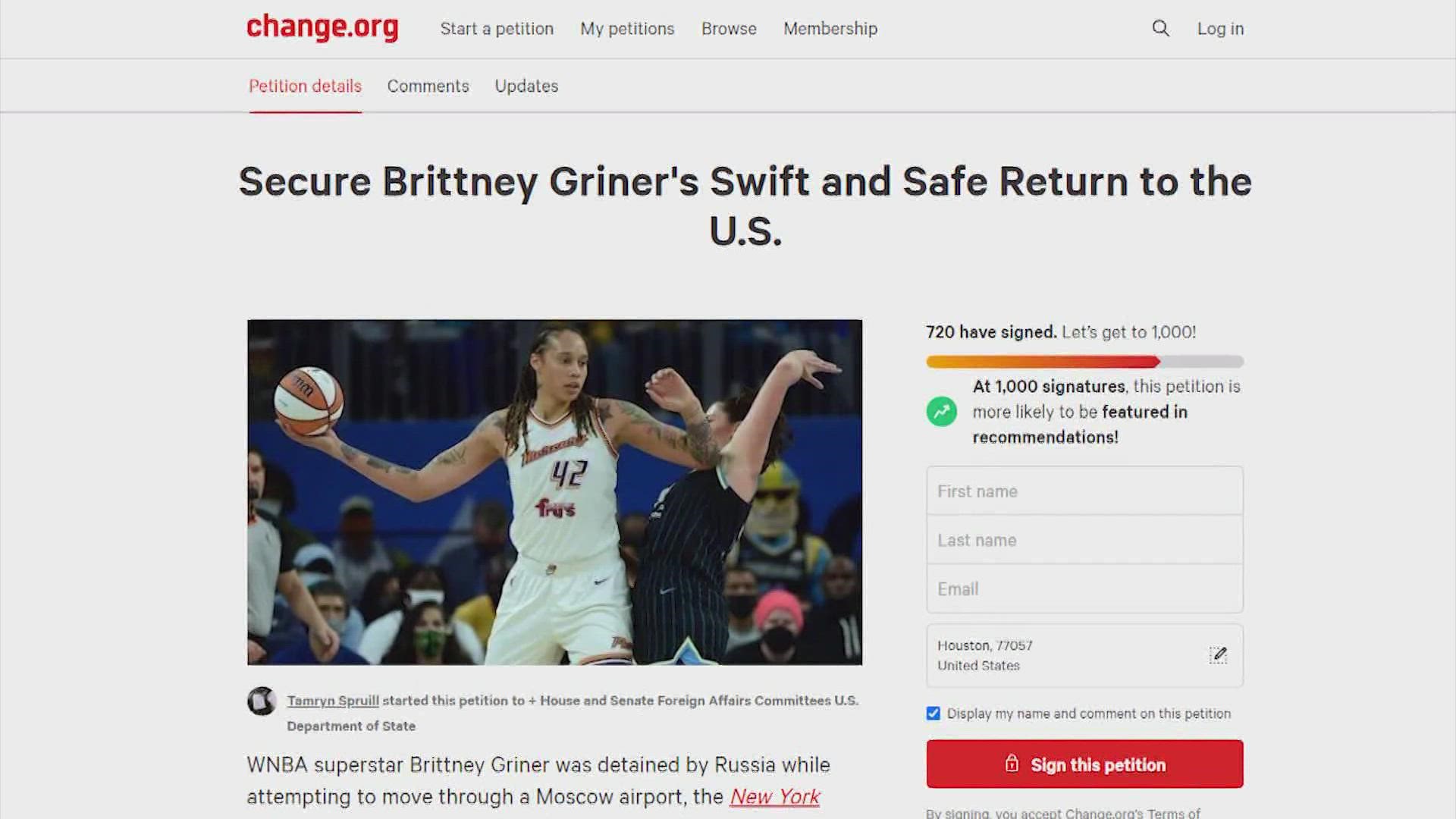 A petition has been started to secure a safe return for Houston native and WNBA All-Star Britney Griner after she was detained in Russia.