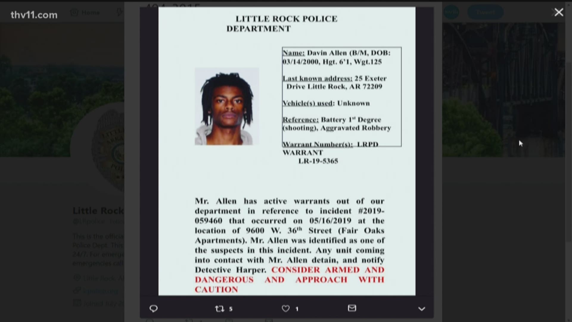 Little Rock police searching for wanted David Allen for aggravated robbery and battery.