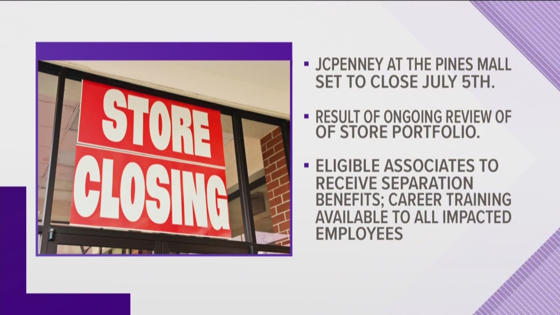 Sinking sales are causing JCPenney to close multiple store locations across the U.S., including one in the Pine Bluff "Pines Mall" - effective July 5th.