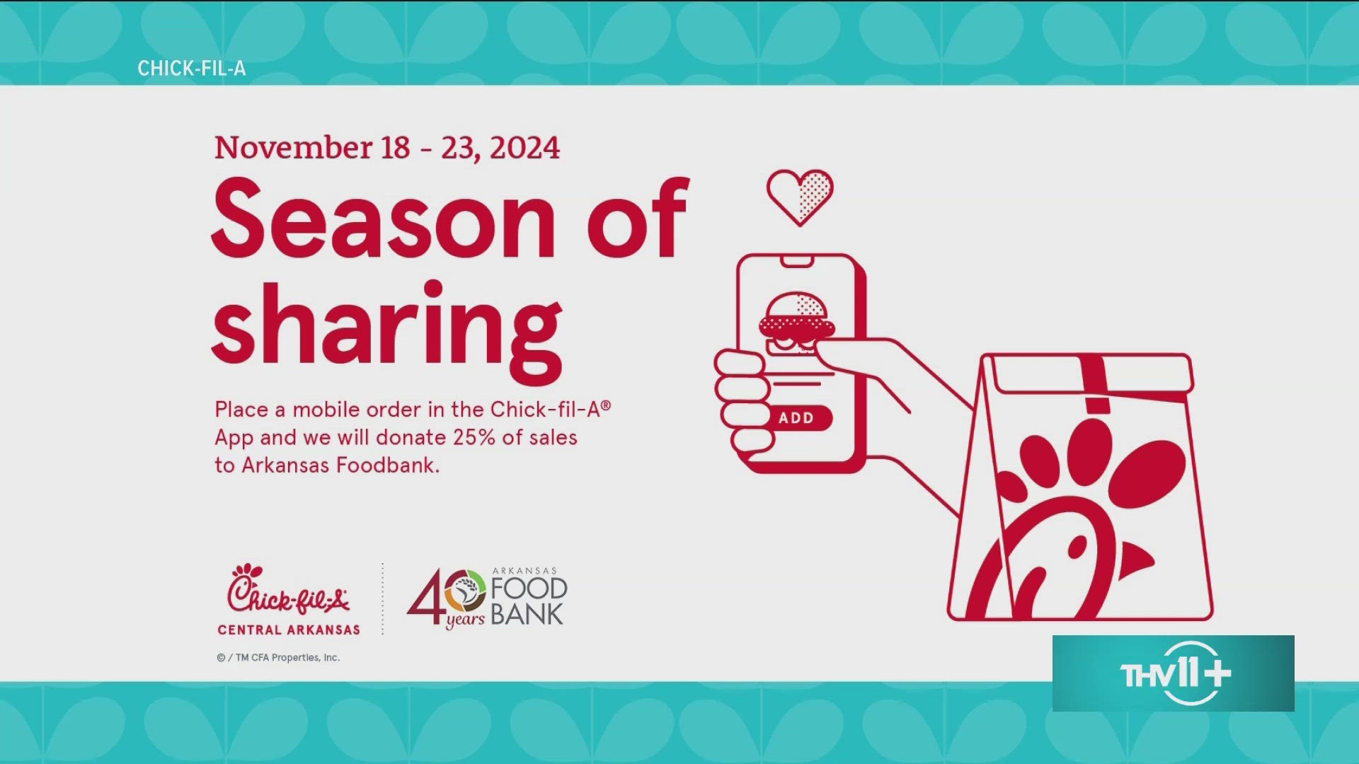 Now through November 23rd, a portion of sales from mobile orders at Central Arkansas Chick-fil-a restaurants will go to the Arkansas Food Bank.