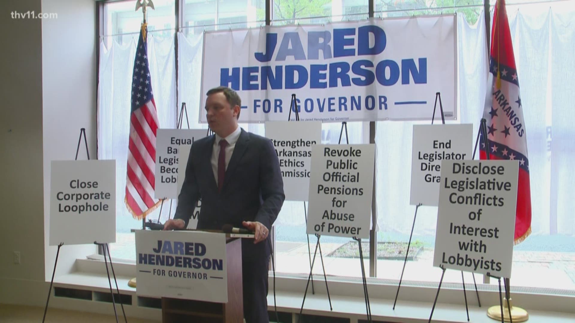 Hutchinson's opponent this November, Democratic Gubernatorial nominee, Jared Henderson, held a meeting to discuss corruption in the state's government.