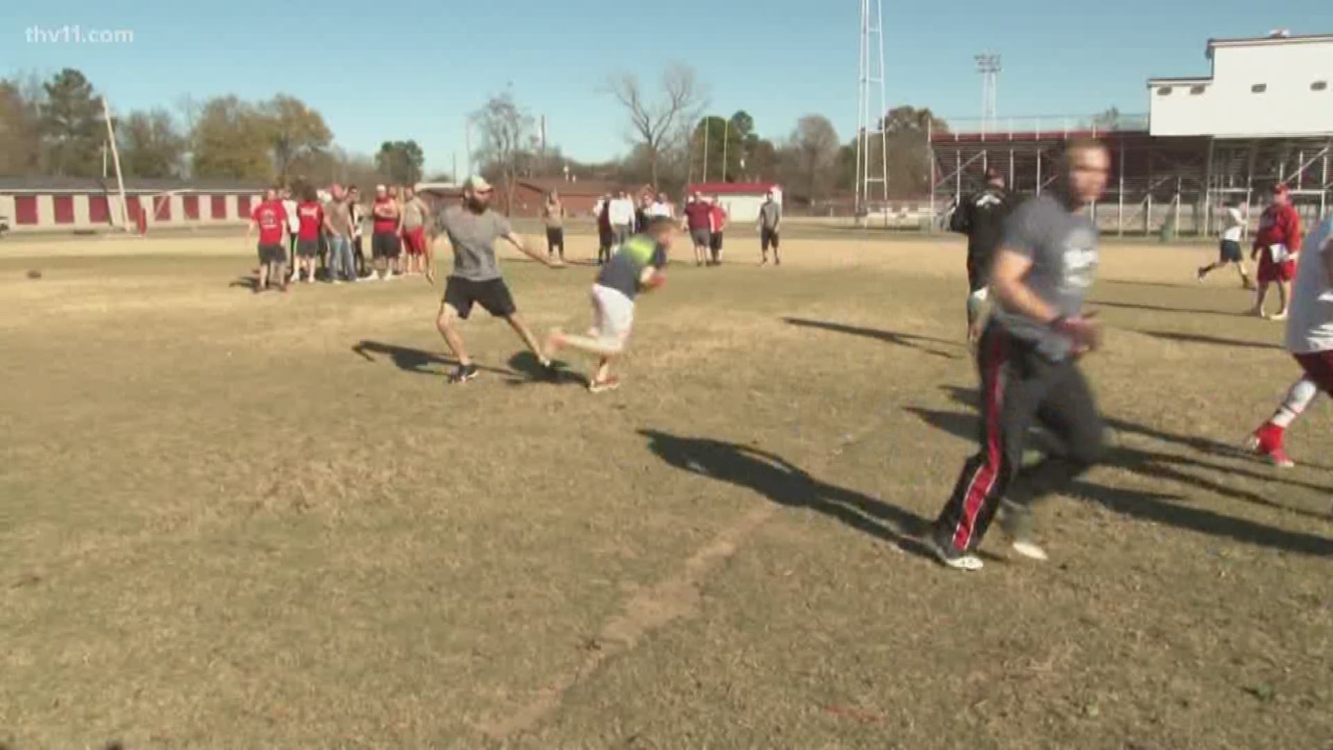 A mixture of young and older Atkins and Dover players are gathering to play an all-ages football game.