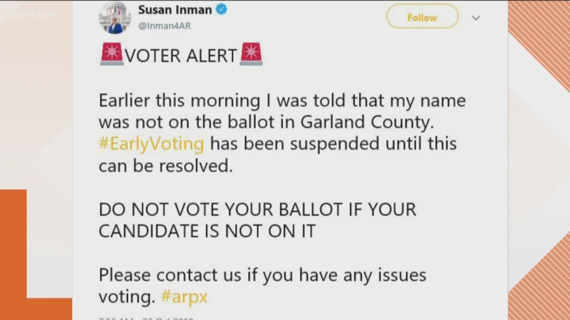 Early voting has since resumed but was temporarily shut down because democratic secretary of state candidate Susan Inman was left off the ballot.