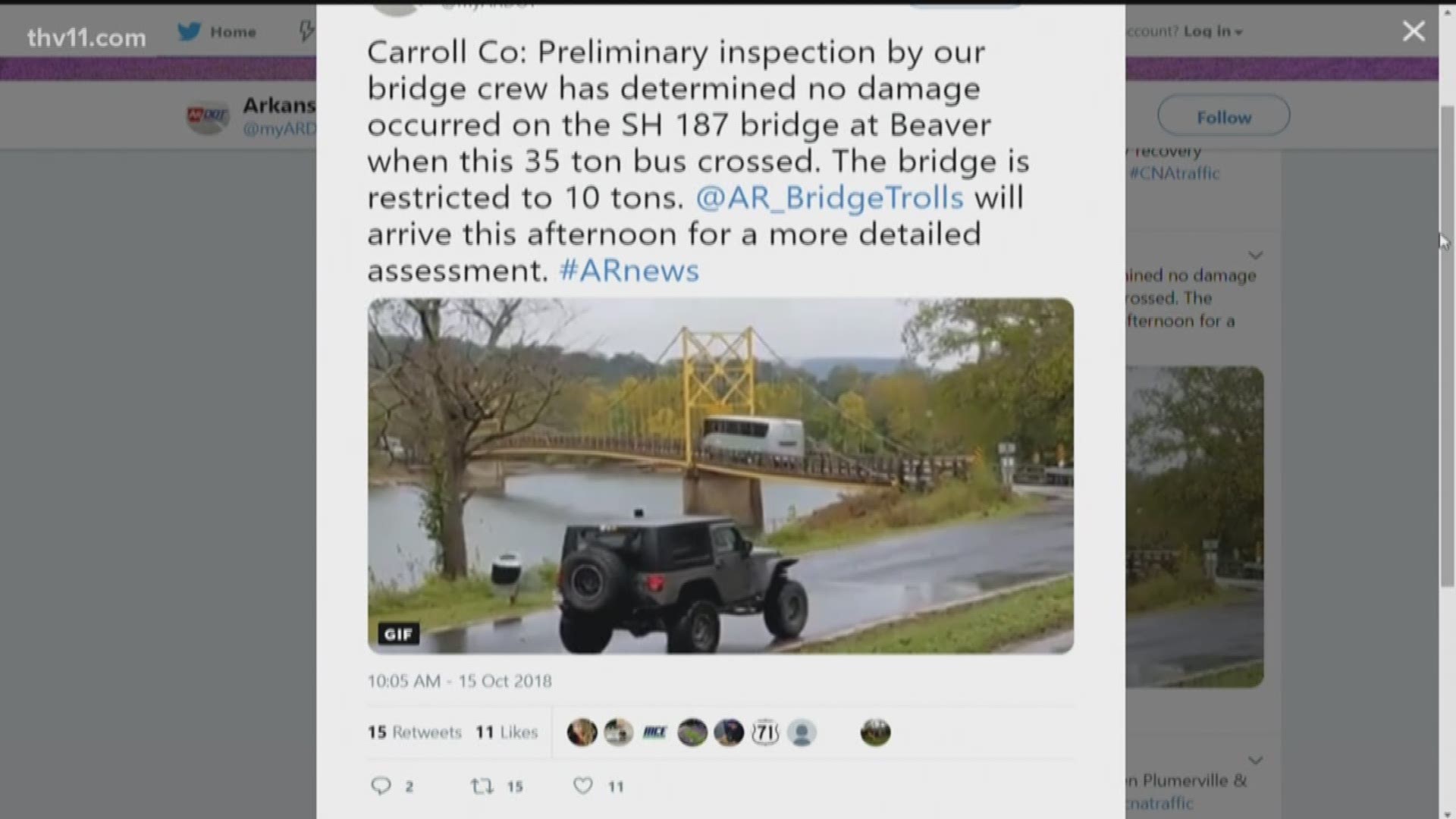 Transportation officials say the Beaver Bridge was not damaged when a 35-ton bus crossed over it.