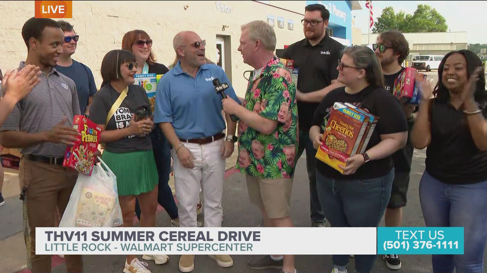 Chief meteorologist Tom Brannon meets with teams donating cereal to the THV11 Summer Cereal Drive in Little Rock.