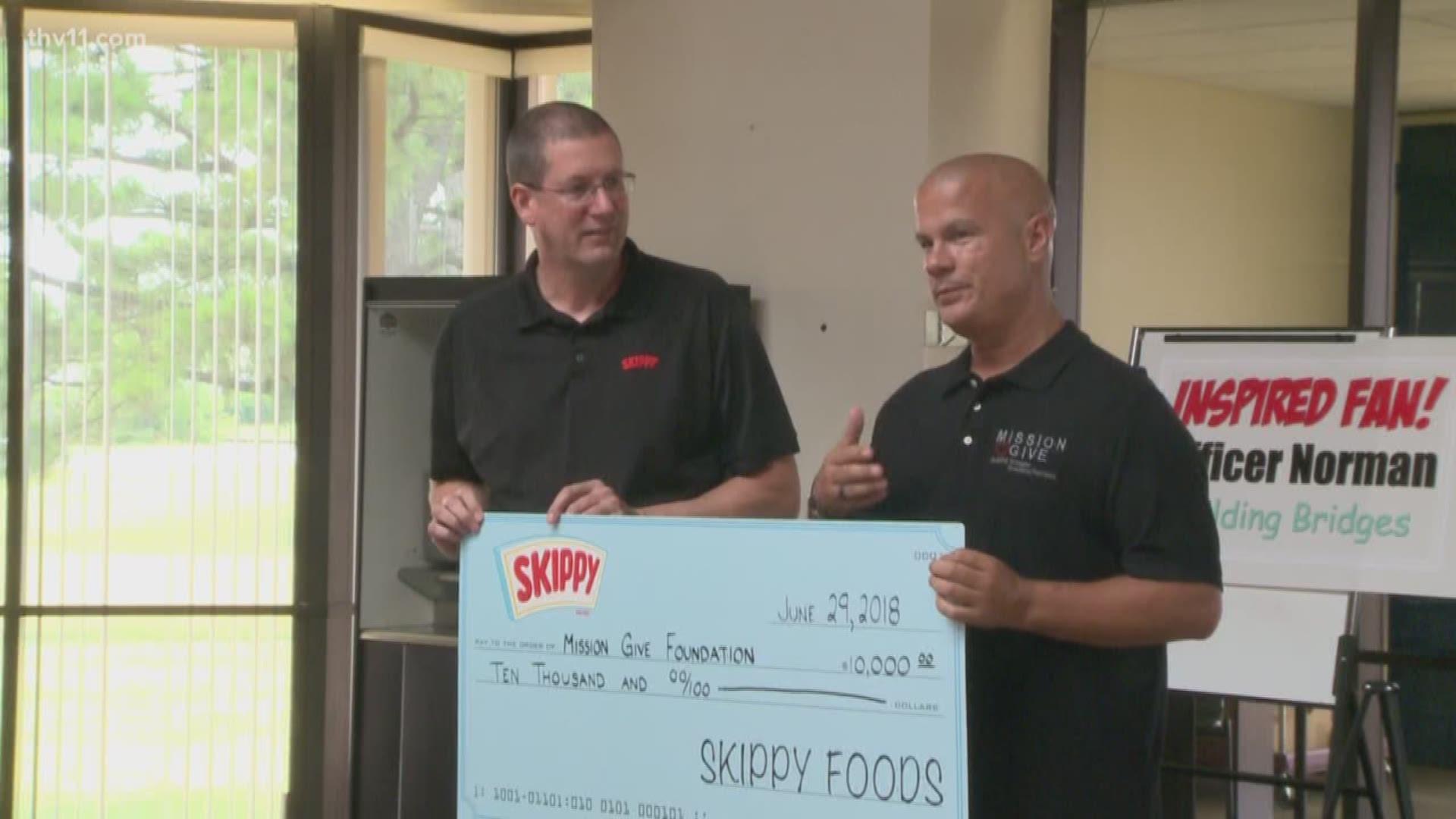 He thought he was just touring the place that makes his favorite foods, but they surprised him with a check for his foundation.