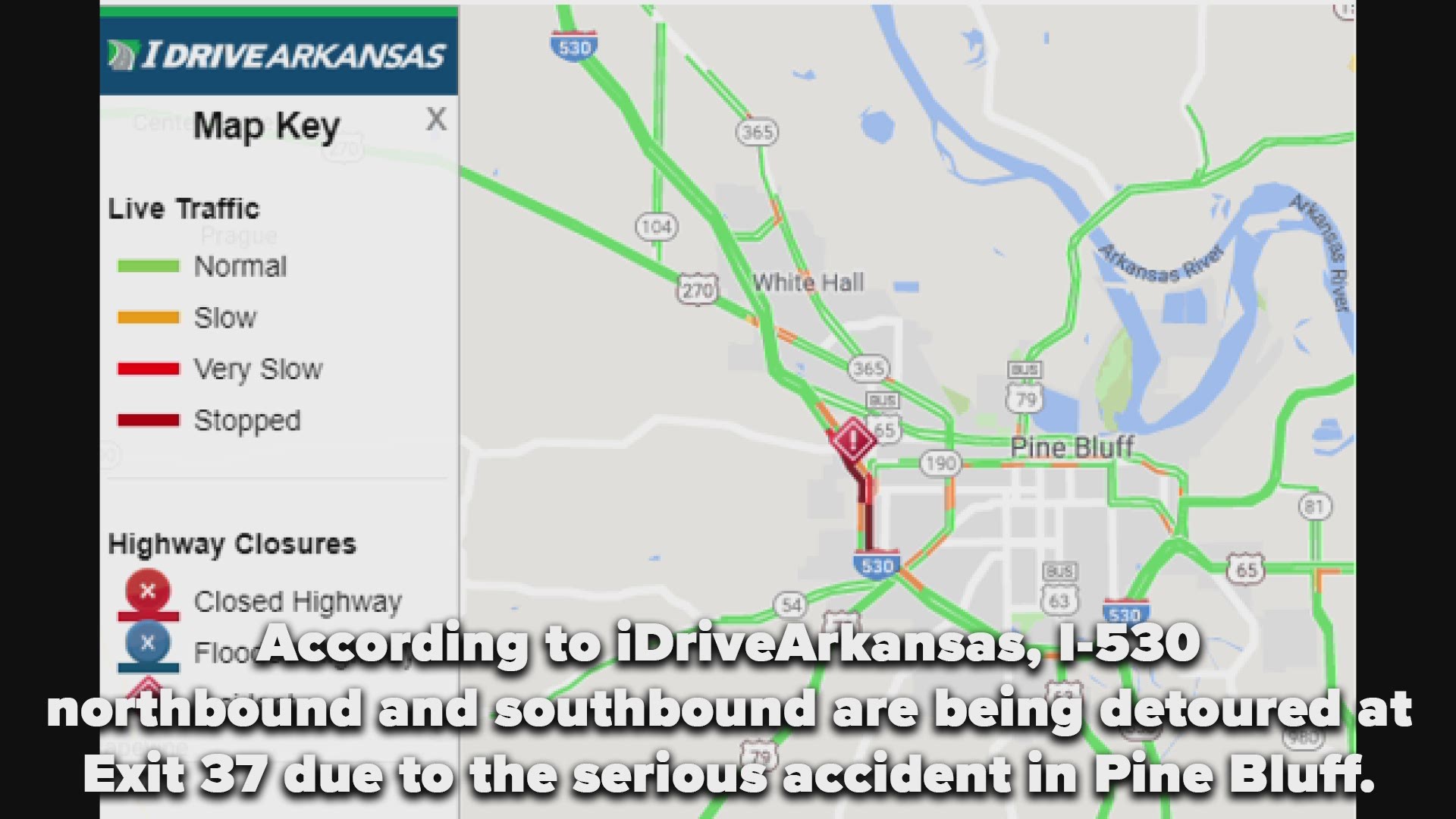 According to iDriveArkansas, I-530 northbound and southbound are being detoured due to a serious accident in Pine Bluff.