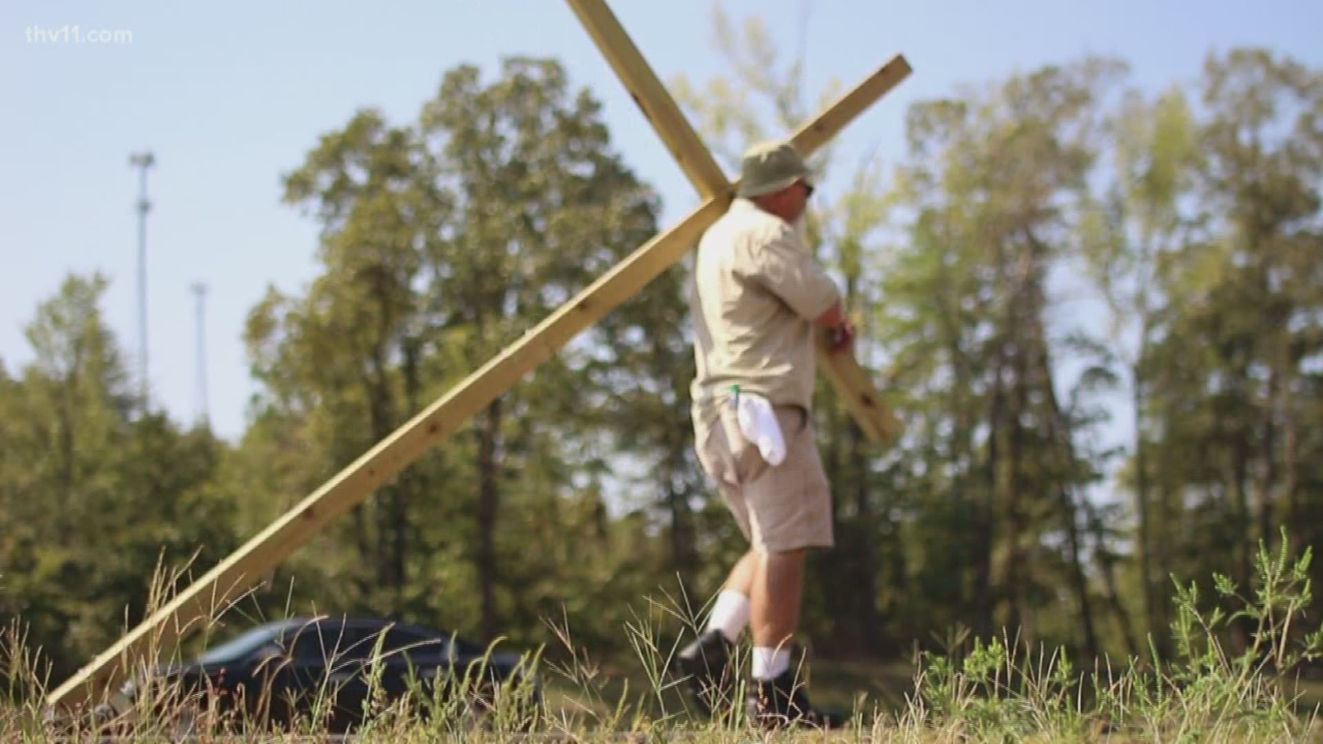 Laura Monteverdi got a chance to talk with a man who has been carrying a cross along Highway 70 in Arkansas. The 64-year-old starts most of his mornings this way.