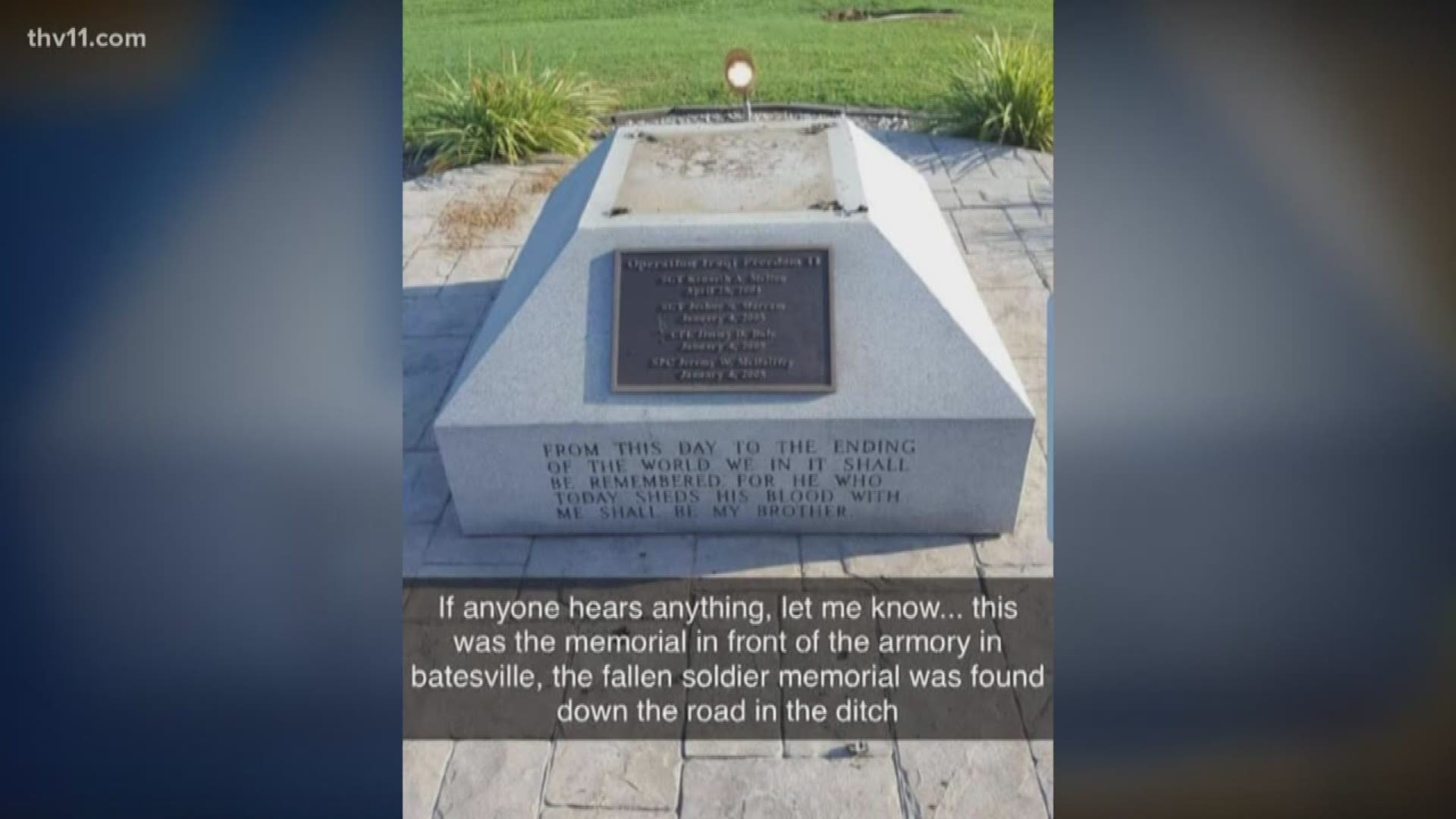 The Arkansas National Guard says the outpouring support from the community has been amazing after vandals destroyed a memorial to fallen soldiers.