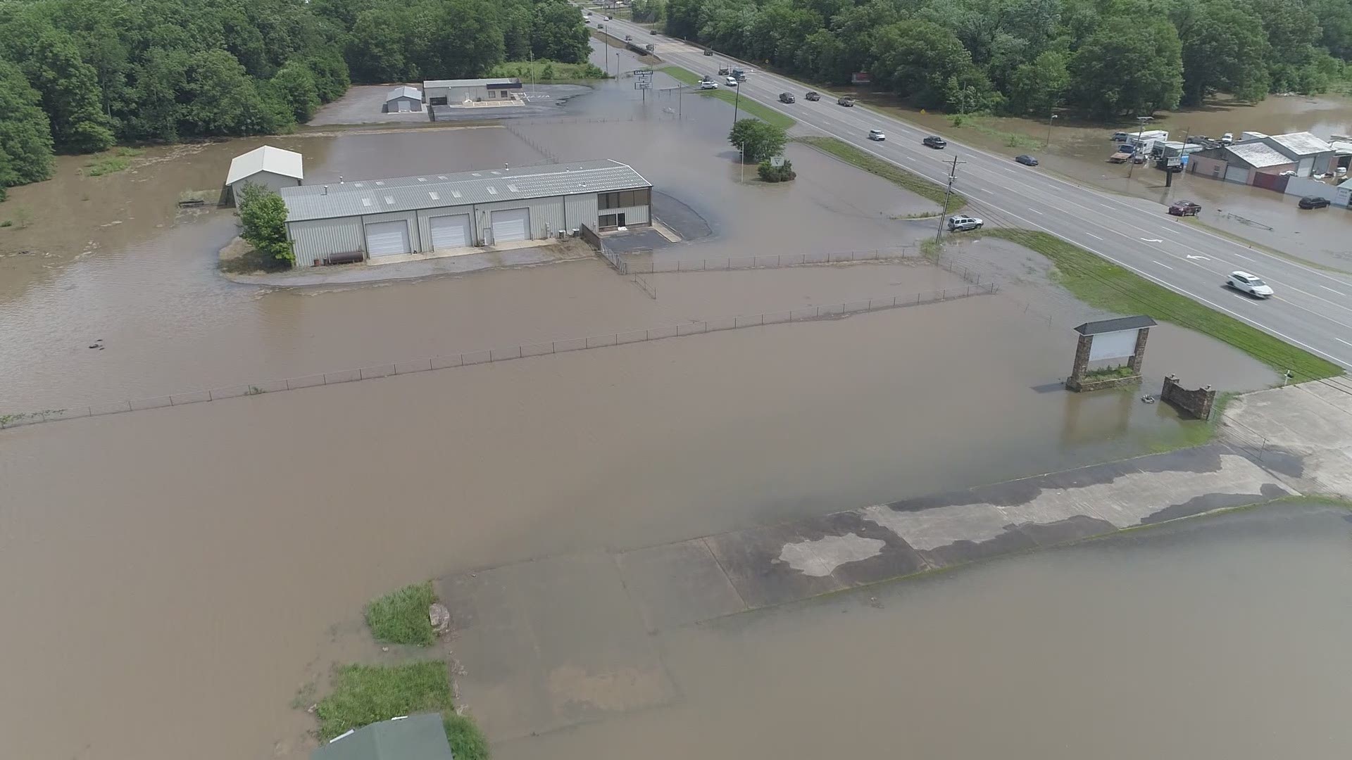 This drone footage captured flooding off Highway 7 near Russellville by Whig Creek. Remember to stay safe while driving near flooded areas.