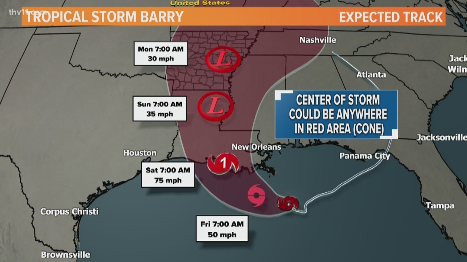 The National Hurricane Center just upgraded the system to Tropical Storm Barry, but it will likely strengthen to a Cat. 1 hurricane by the time it makes landfall.