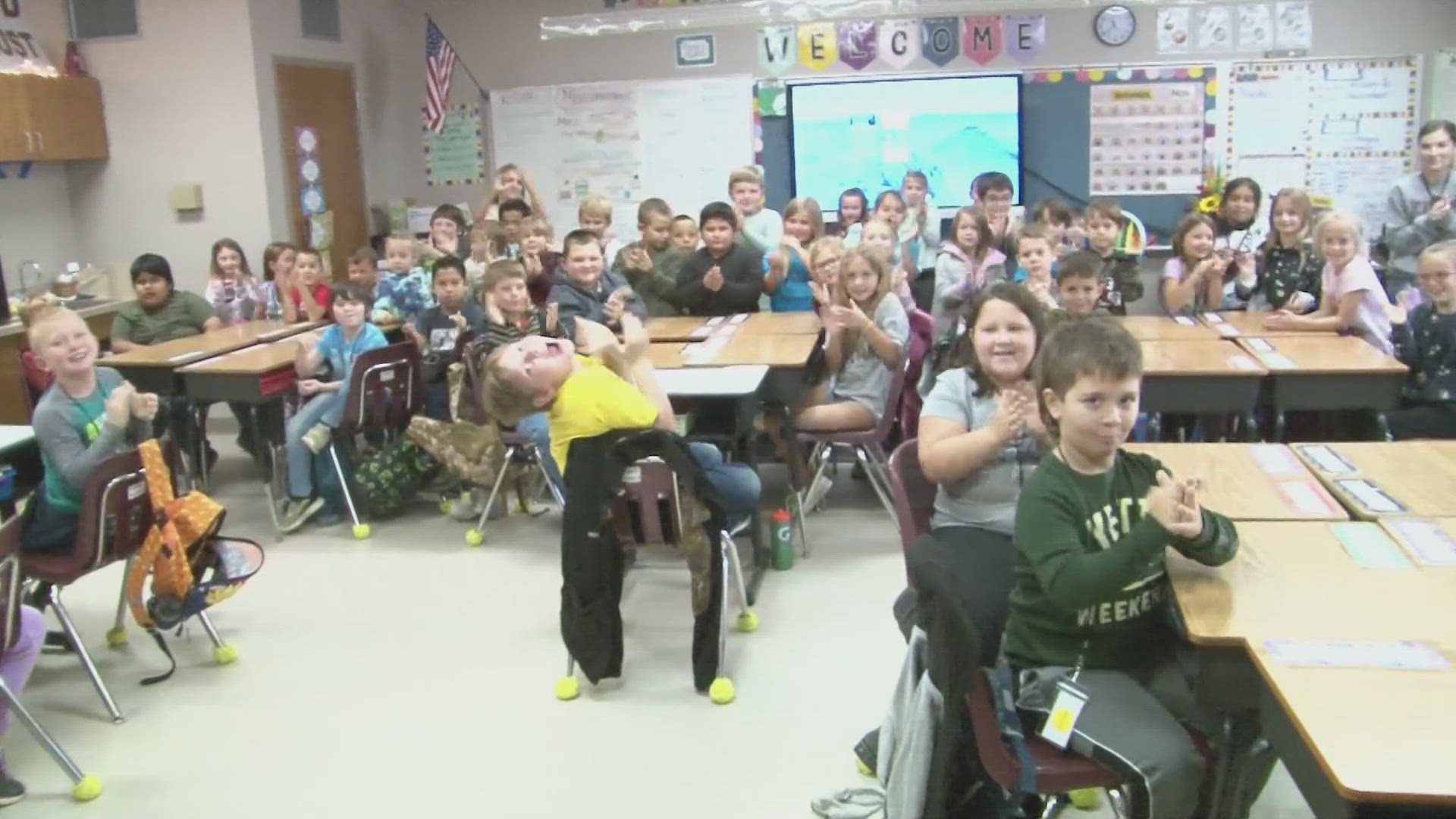 Craig O'Neill's Reading Roadtrip stopped in Kirby to tell elementary school students a true story about three little pigs.