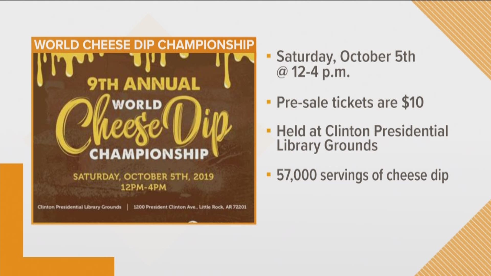 This Saturday is the World Cheese Dip Championship benefiting the Harmony Health Clinic.