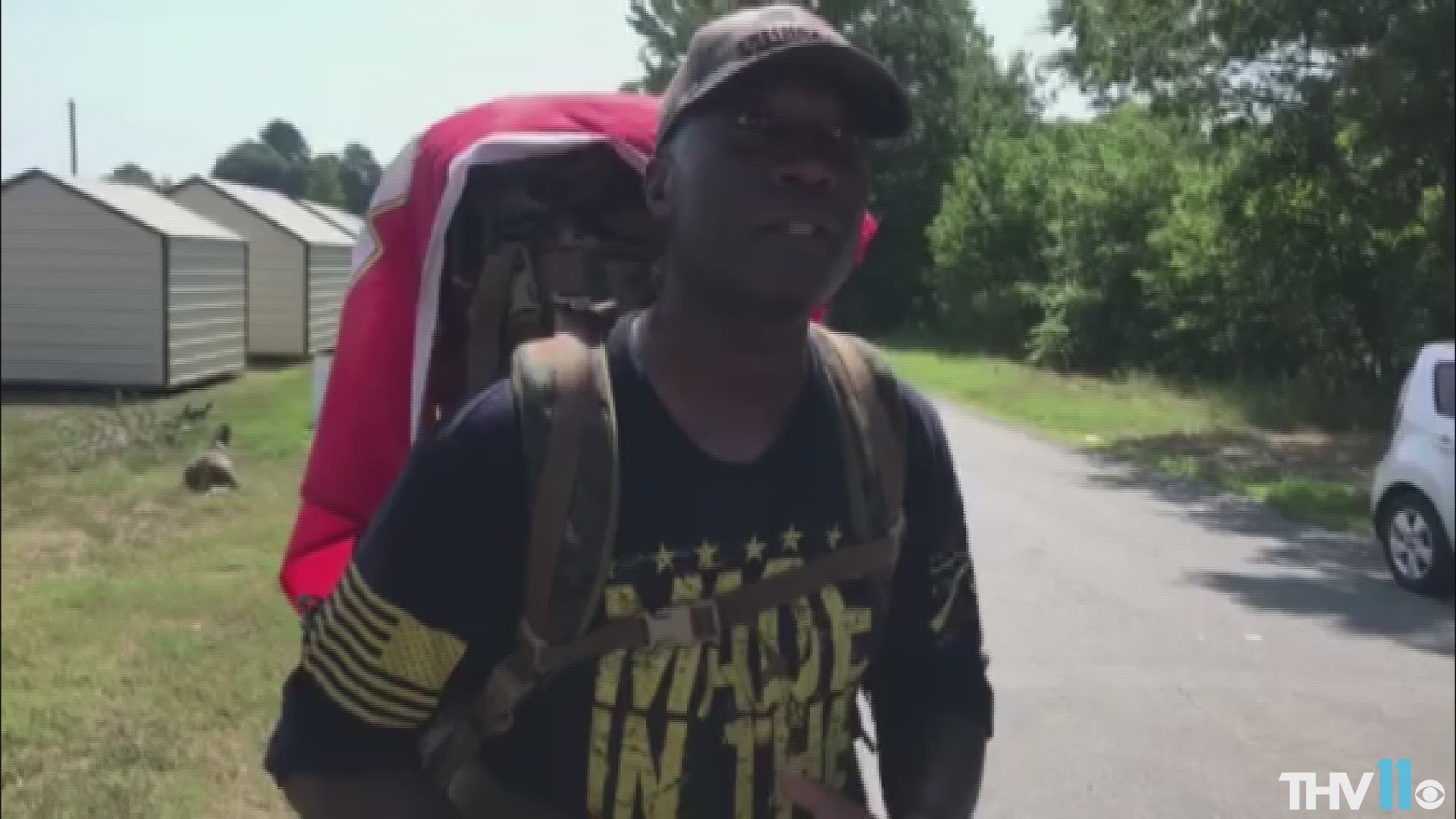 Gunny Wesley Roy Brady, Jr. is making his way through Jacksonville, Ark for the 'Walk Across American for Combat Wounded Veterans."'