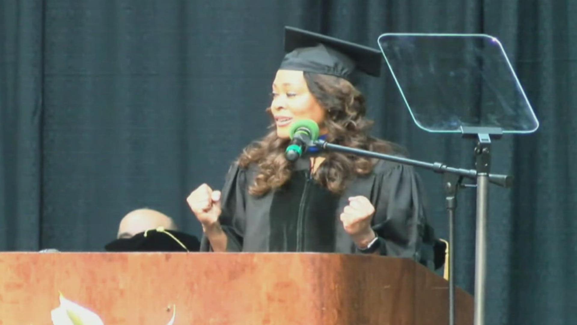 Robin Givens, known for her roles in Boomerang and Blankman, spoke to UAPB graduates about overcoming adversity during the Spring 2024 ceremony.