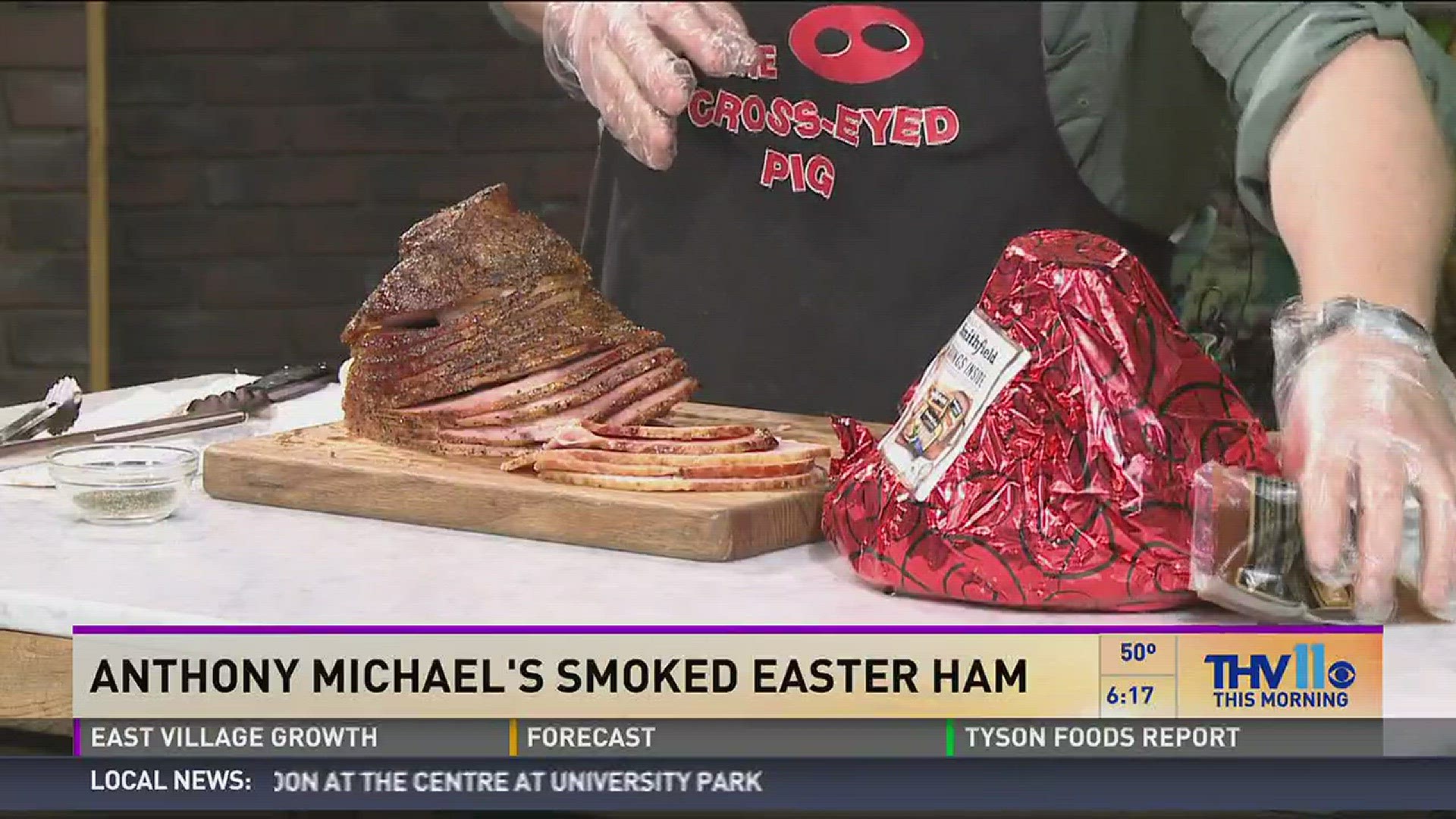 Anthony Michael from the Cross-Eyed Pig shows off his Easter ham