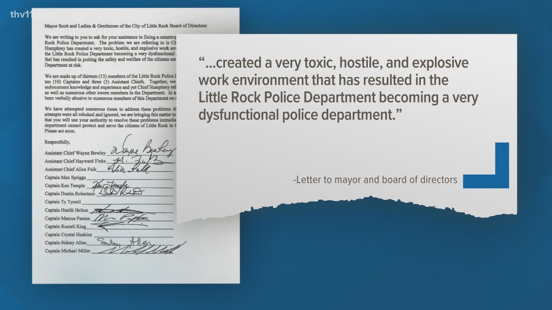 Ten LRPD captains and three assistant chiefs wrote the Little Rock City Board to "address the problems" caused by Chief Keith Humprey, the letter states.