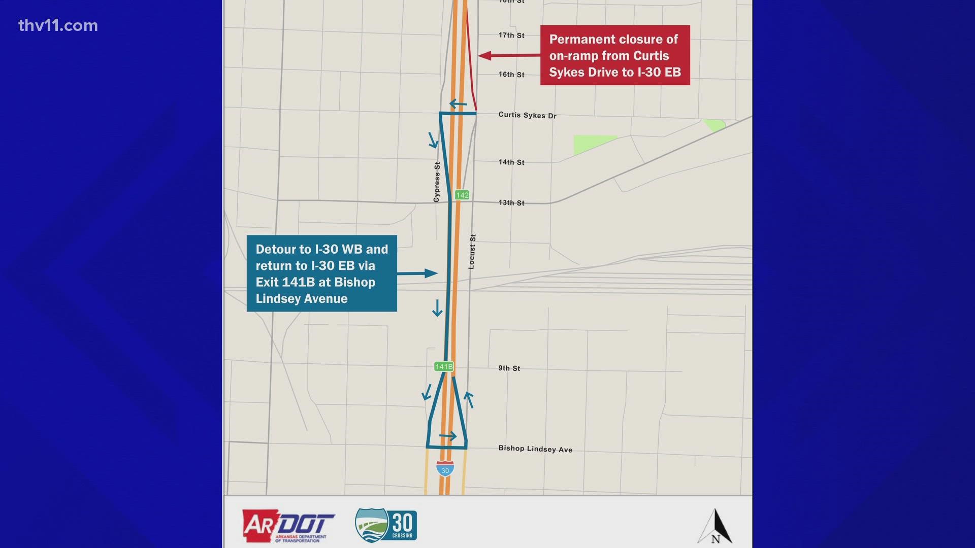 ARDOT shared that they'll be permanently closing the eastbound on-ramp at Curtis Sykes Drive in North Little Rock during the evening of June 27.