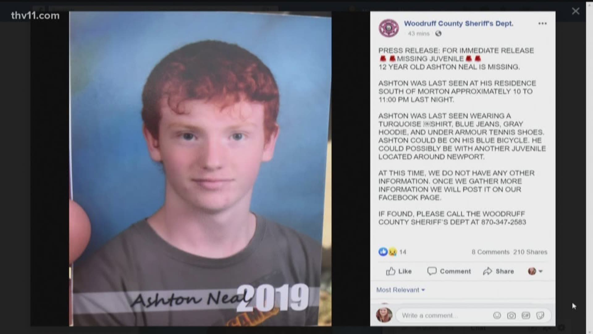 A 12-year-old boy is reported missing out of Woodruff County. His name is Ashton Neal.