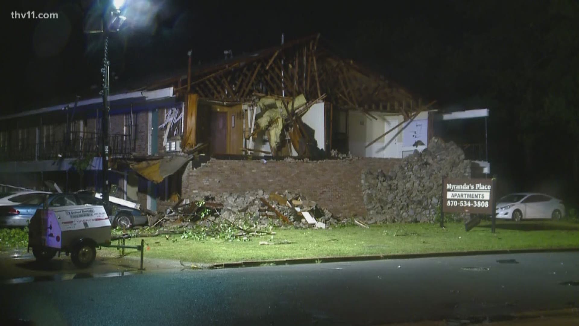 Storm damage displaces people in Pine Bluff.