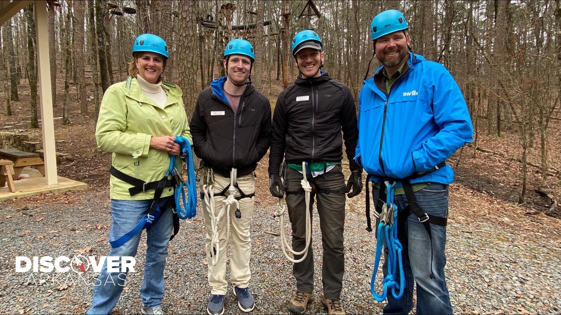 Adam Bledsoe helps Theba Lolley conquer her fears through a little zip lining at the Vine Center in Little Rock!