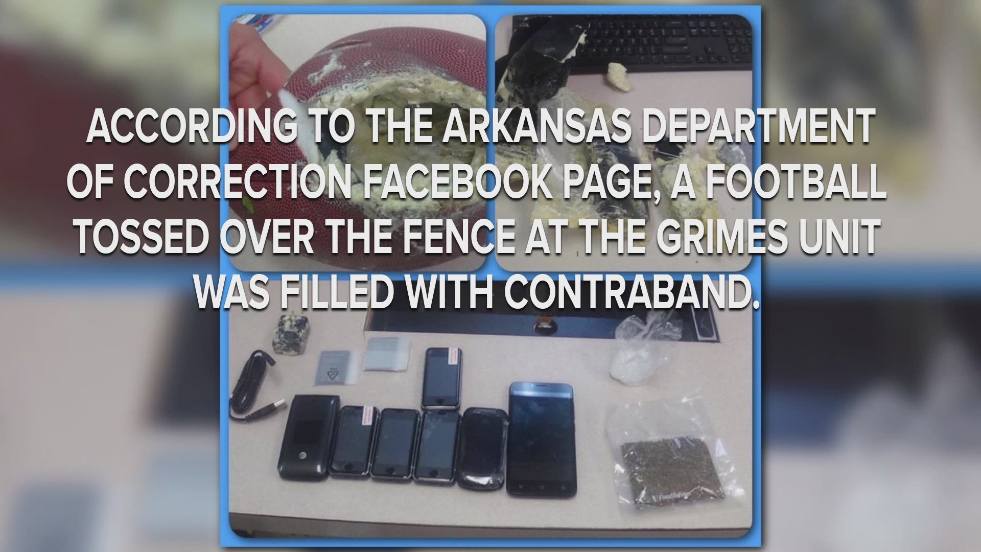 The post says, "Fighting contraband is a non-stop battle." The football held cell phones and two types of drugs.