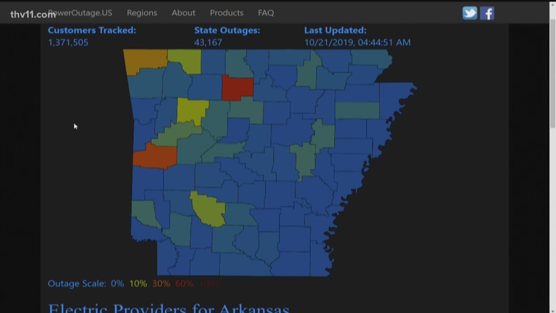 There are about 40,000 power outages in Arkansas  caused by overnight severe storms.