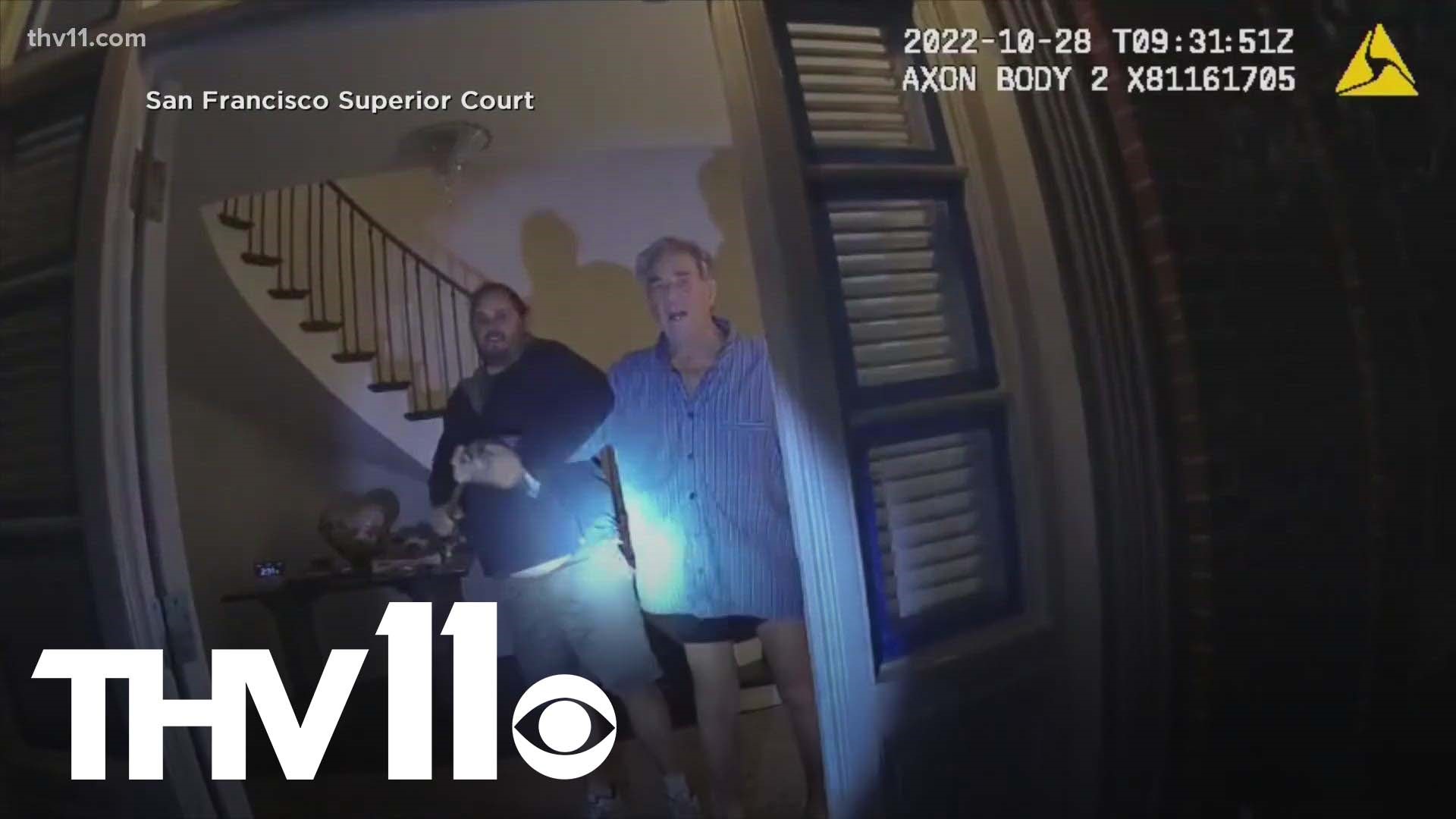 The home security footage shows the suspect, David Depape, smashing a window to get into the home of former House speaker Nancy Pelosi.