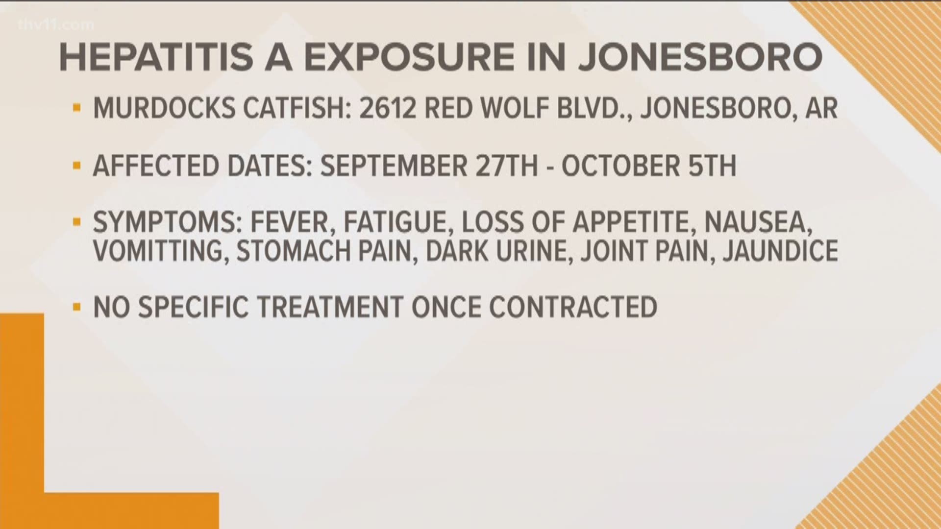 The State Department of Health is warning of a possible exposure, after an employee of Murdock's catfish in Jonesboro tested positive for the virus.