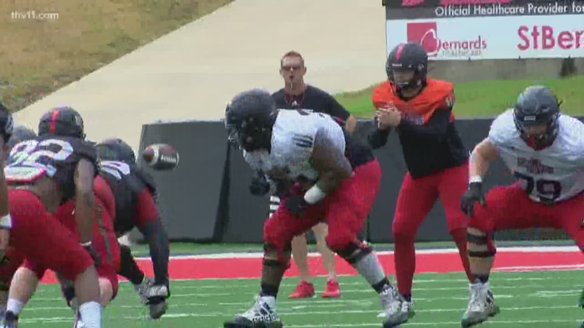 Though he was only 13 of 20 for 117 yards and an interception in Arkansas State's first fall scrimmage, Logan Bonner looks to be the front runner at QB for the Red Wolves