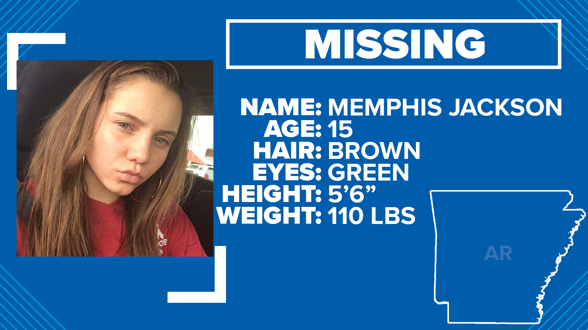 The Garland County Sheriff's Office is asking for the public's help in searching for missing 15-year-old Memphis Lynn Jackson.