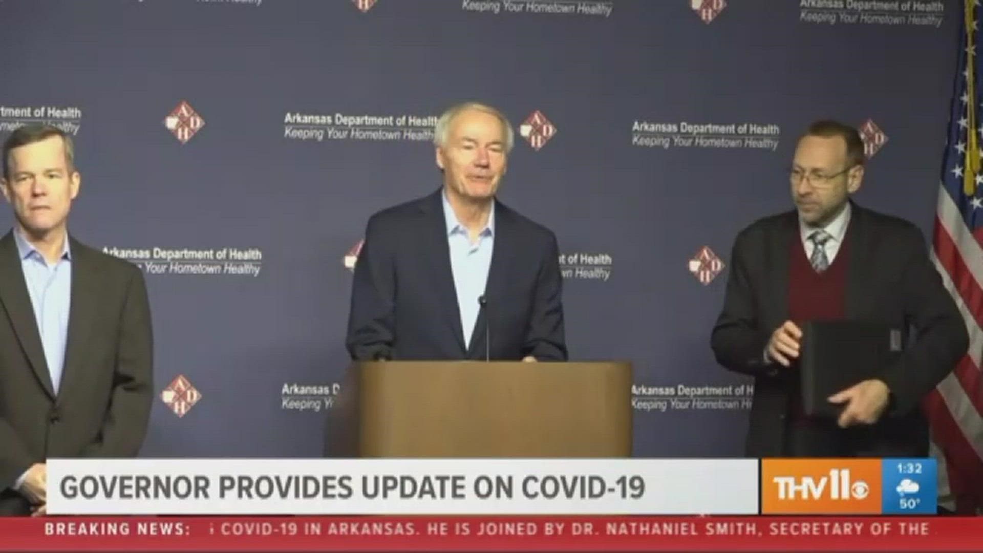 Governor Hutchinson announces there are 12 confirmed presumptive cases of COVID-19 in Arkansas.