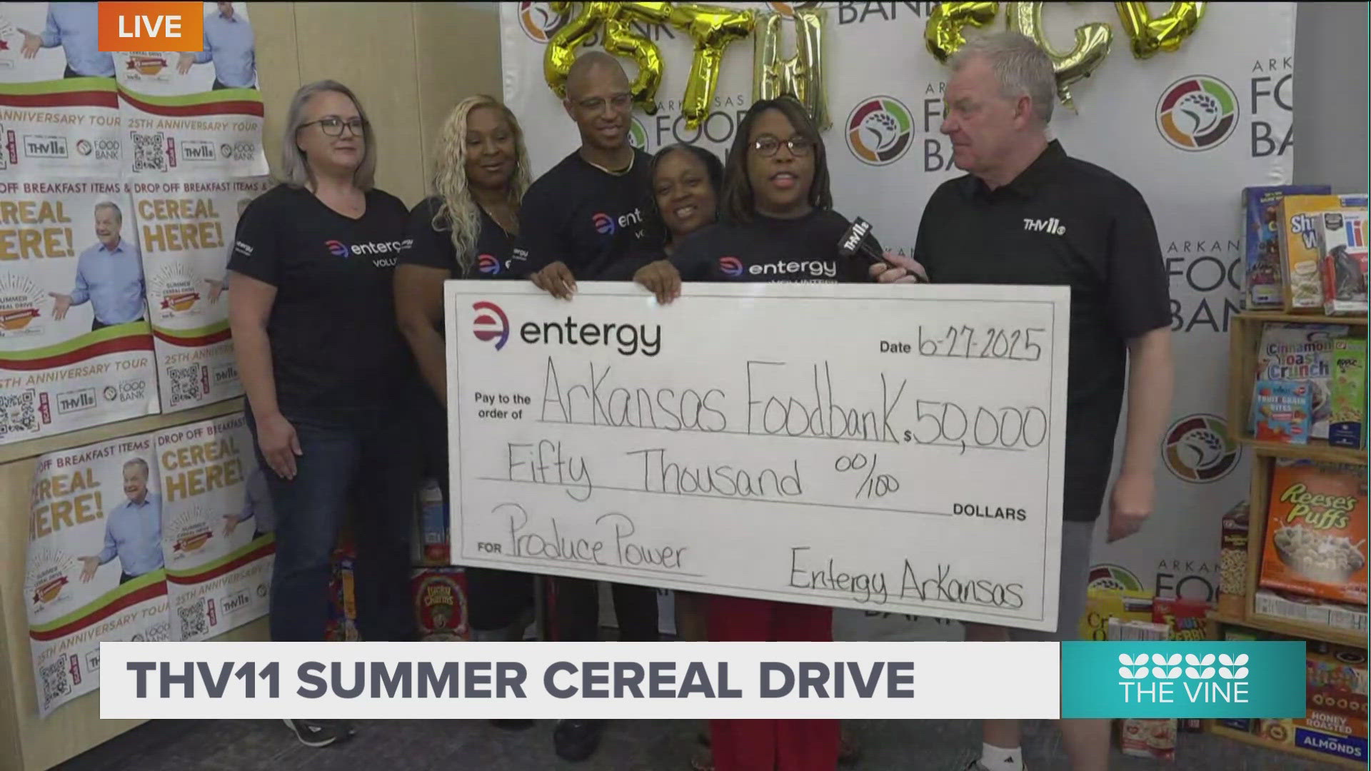 Entergy makes a donation Arkansas Foodbank for the THV11 Summer Cereal Drive.