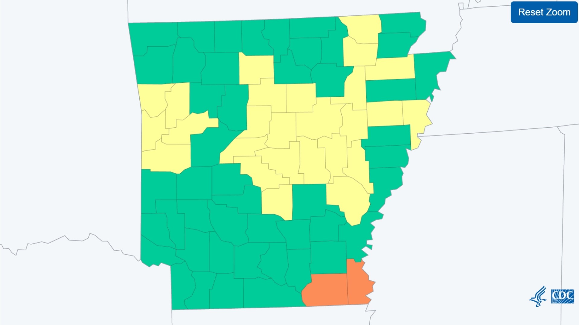 The CDC measures state COVID-19 data based on hospital numbers and daily cases per county. Data updated Thursday shows Arkansas as a "low."