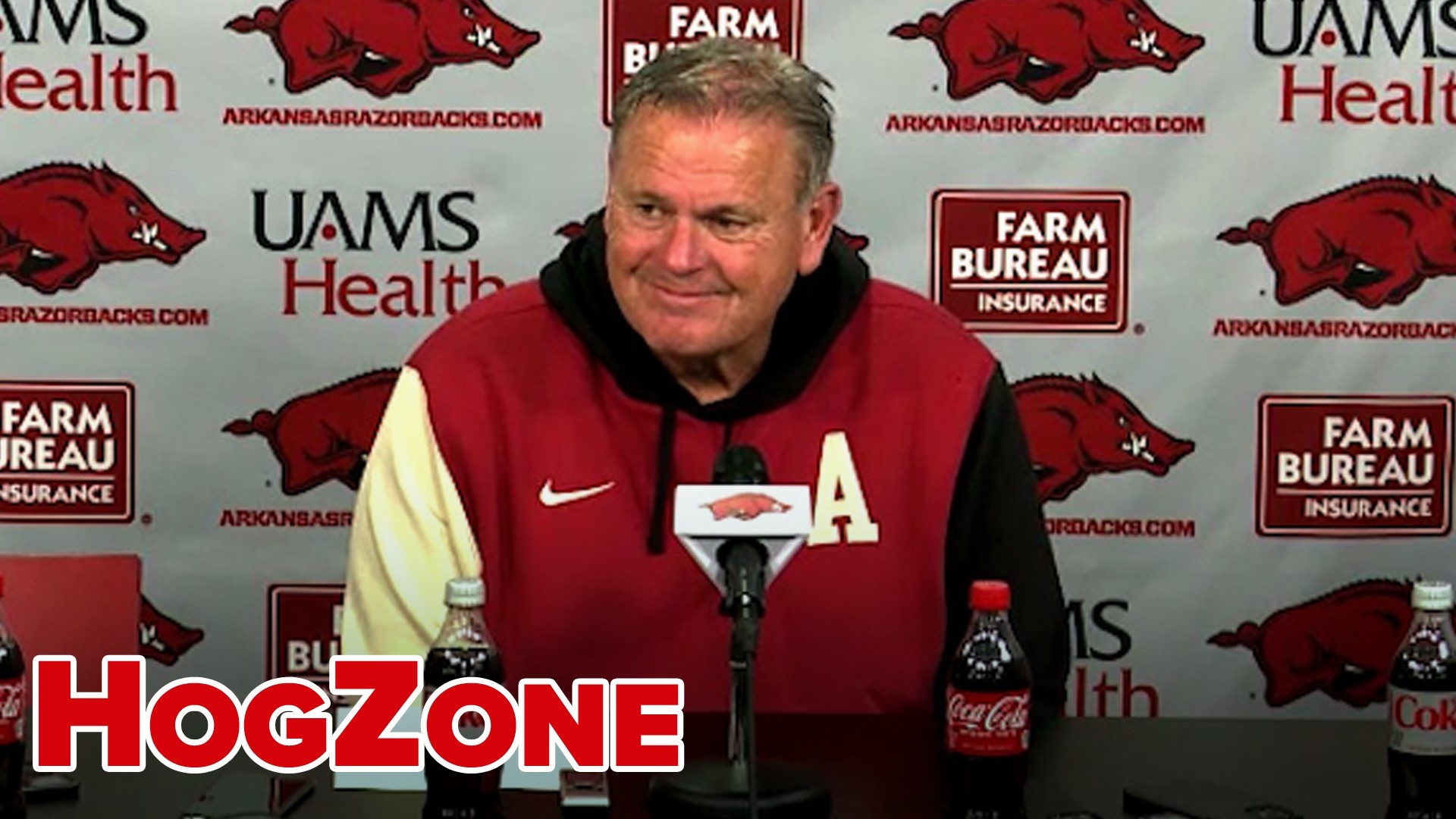 Arkansas head coach Sam Pittman meets with the media after the Razorbacks' 44-20 home victory against Florida International.