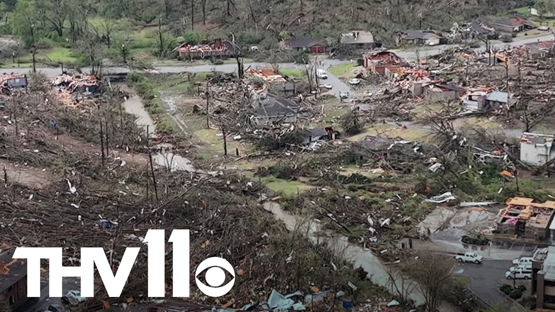 Drone footage of Little Rock tornado damage