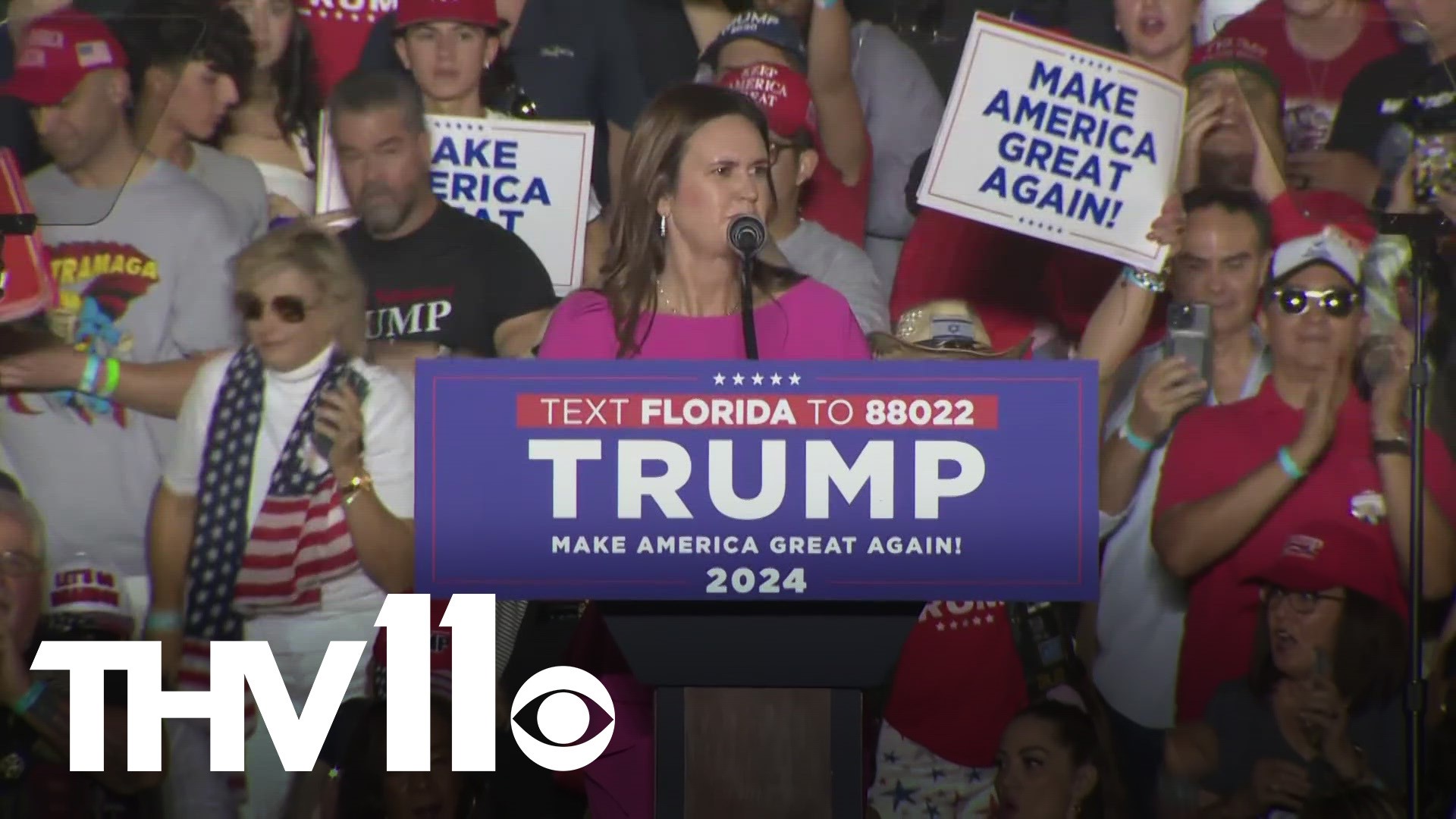 Gov. Sarah Huckabee Sanders endorsed Donald Trump for the 2024 GOP presidential nomination. She made the announcement at Trump's rally in Florida Wednesday night.