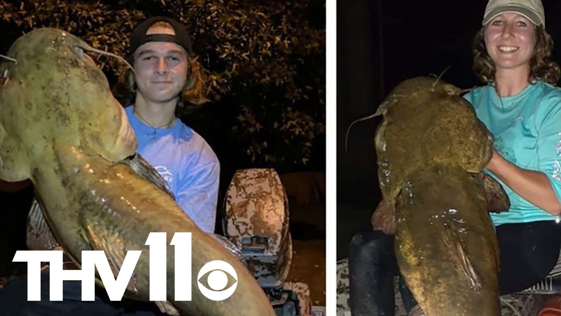 A brother-and-sister duo are very excited after they reeled in not just one, but two 'giants' during a night-fishing trip on Lake Conway last week.