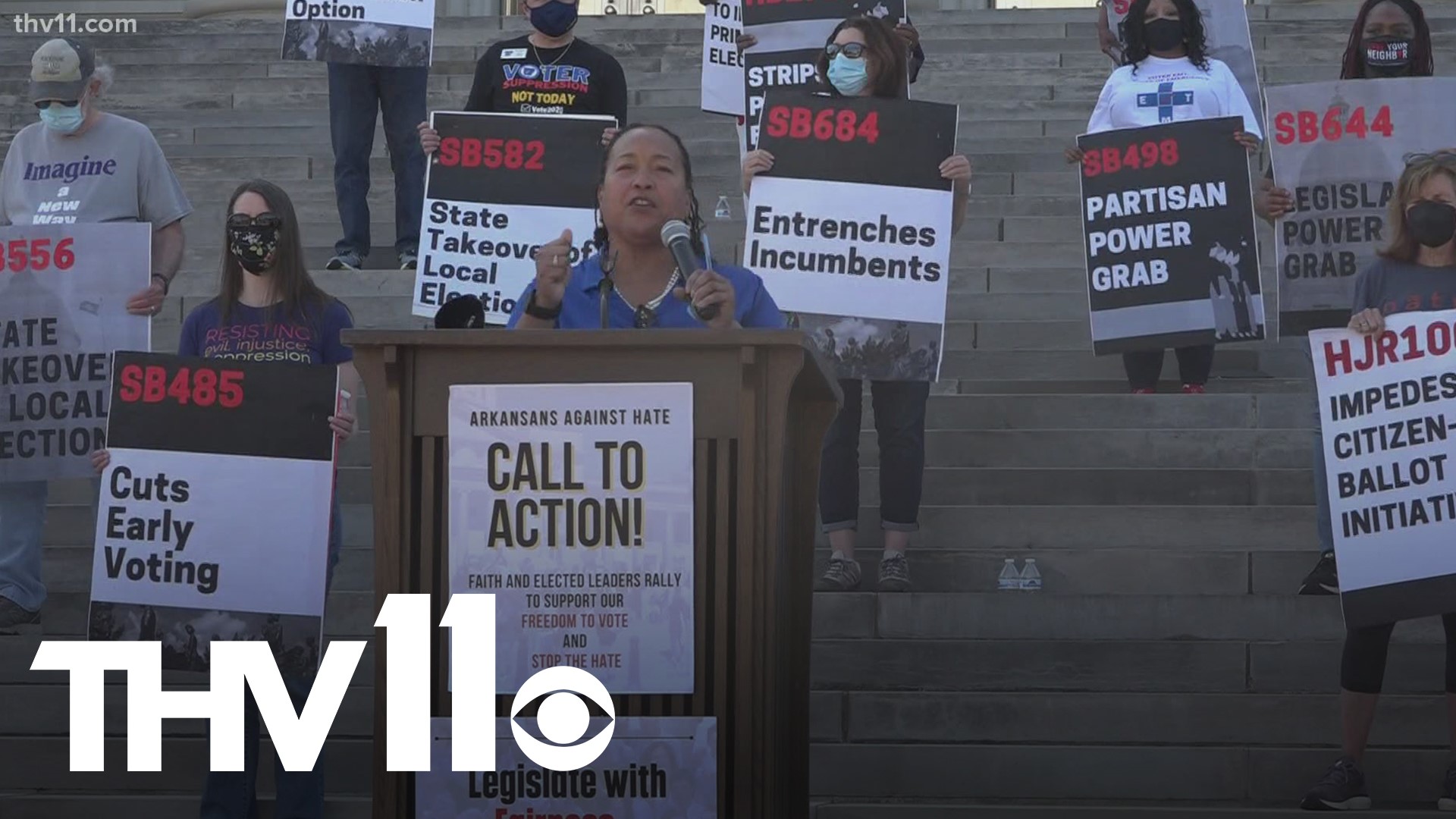 Demonstrators gathered on the steps of the Arkansas State Capitol on Sunday to protest the bill.
