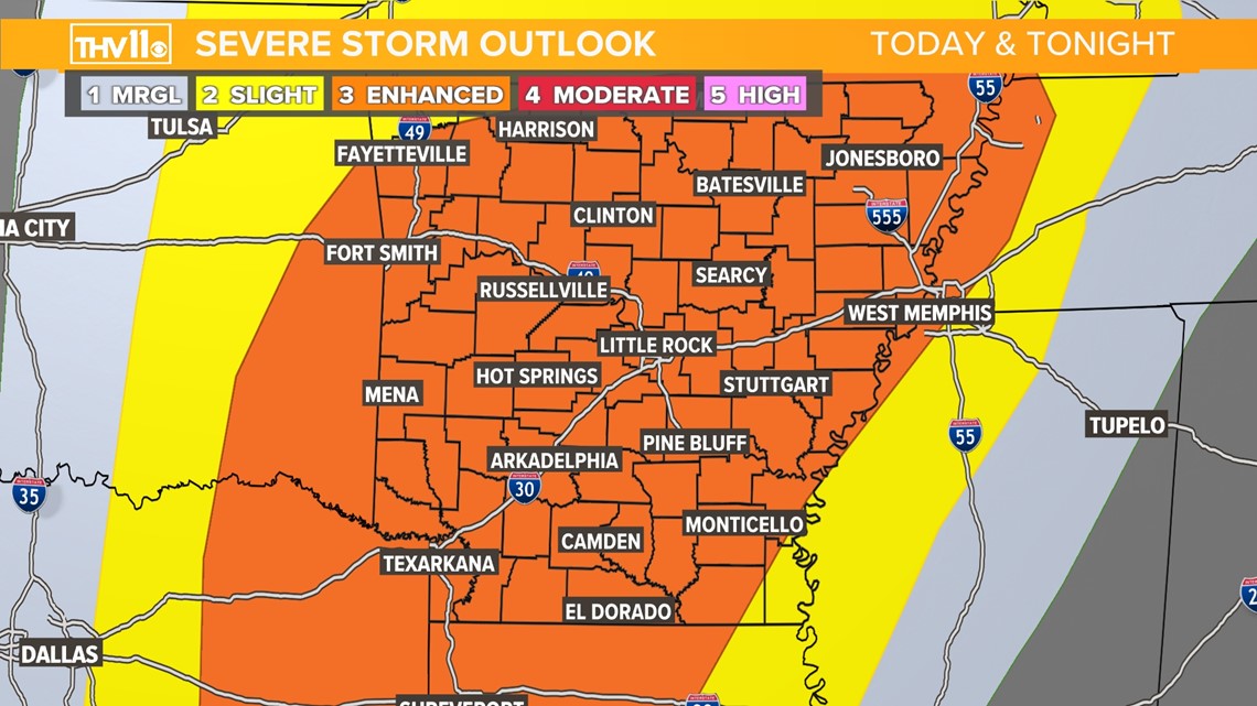 Possible strong to severe thunderstorms in Arkansas Monday